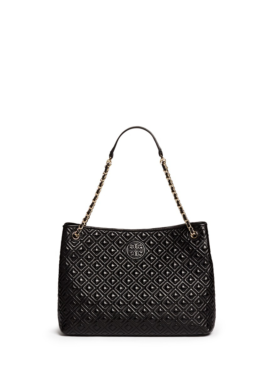 Tory Burch 'marion' Quilted Leather Tote in Black | Lyst