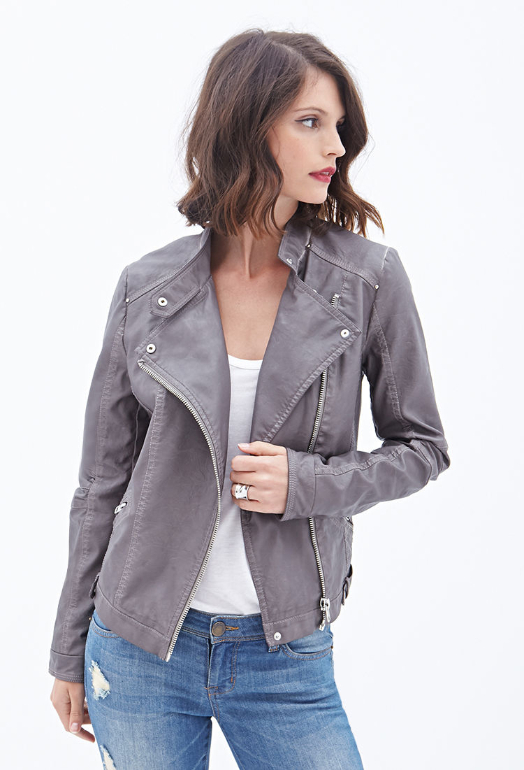 Forever 21 Contemporary Faux Leather Moto Jacket in Gray