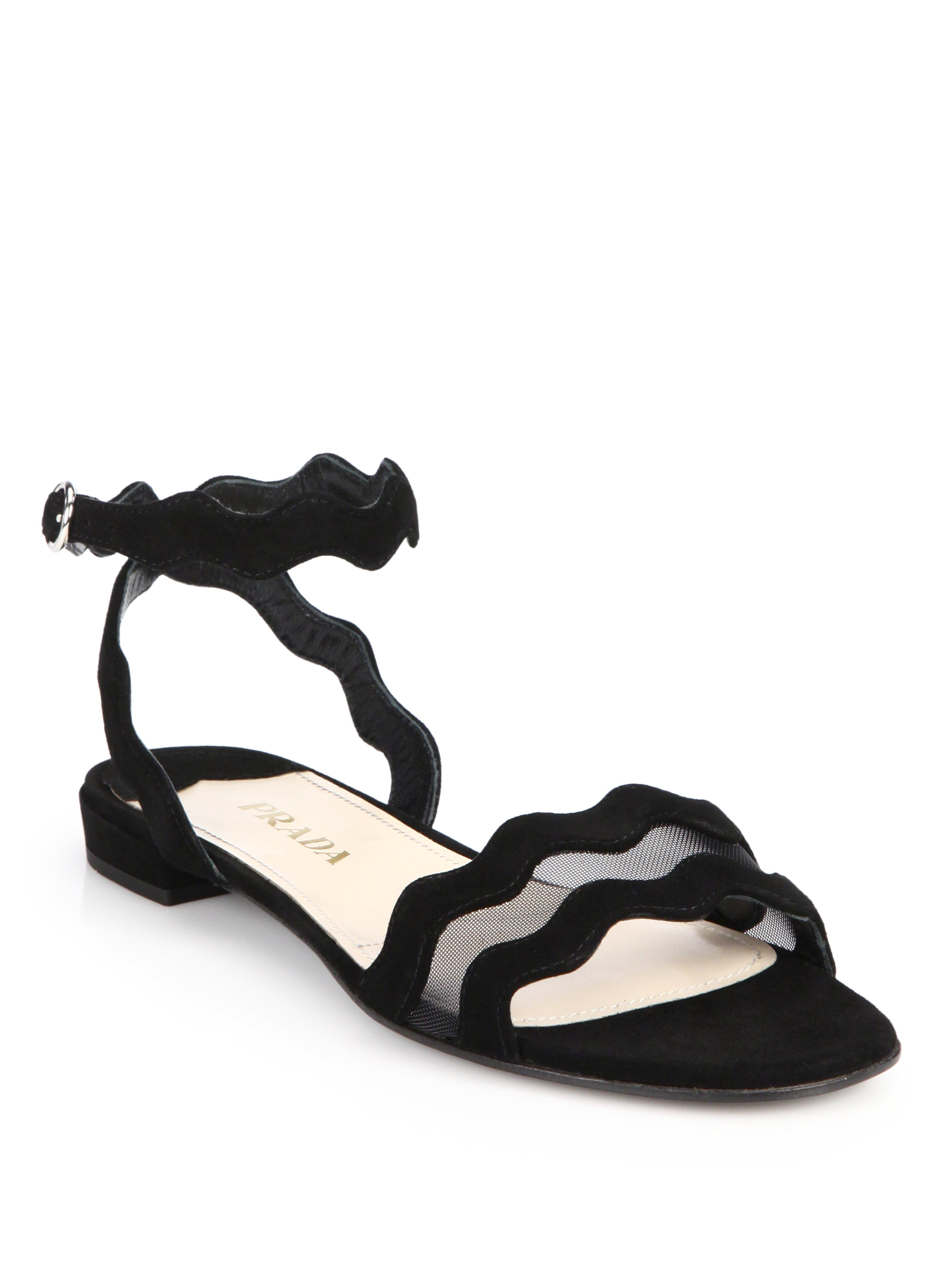 Prada Mesh & Suede Scalloped Sandals in Black | Lyst