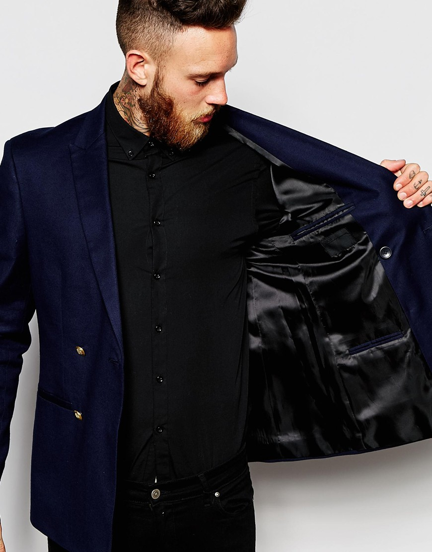 ASOS Cotton Skinny Double Breasted Blazer With Gold Buttons in Navy (Blue)  for Men - Lyst