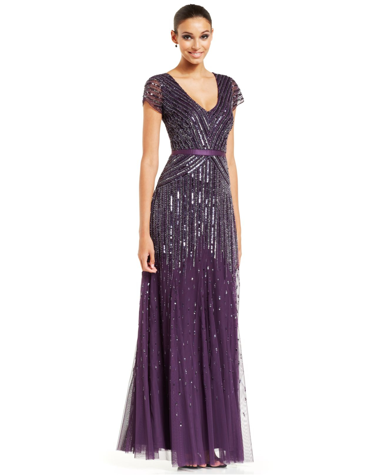 Adrianna Papell Adrianna Petite Papell Cap-Sleeve Sequined Gown in Purple |  Lyst