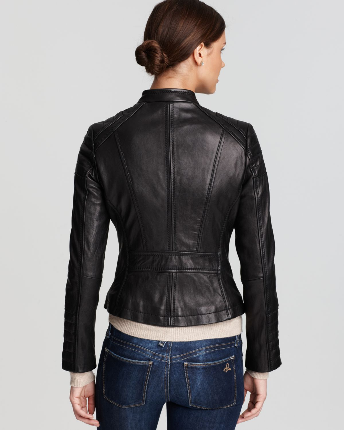 Lyst Michael Kors Zip Detail Moto Leather Jacket In Black Gallery