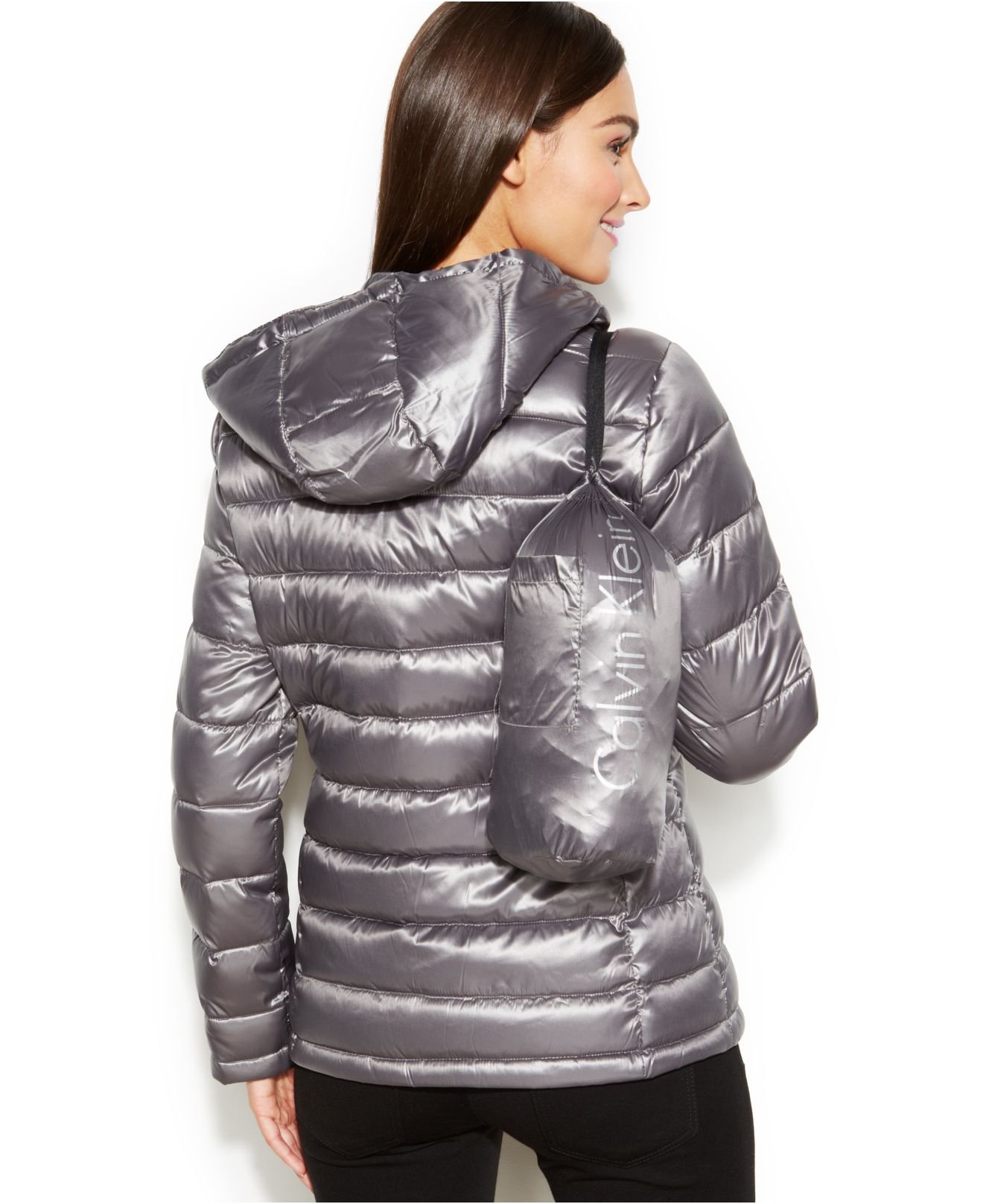 Eik Min erven Calvin Klein Hooded Quilted Packable Down Puffer Coat in Gray | Lyst