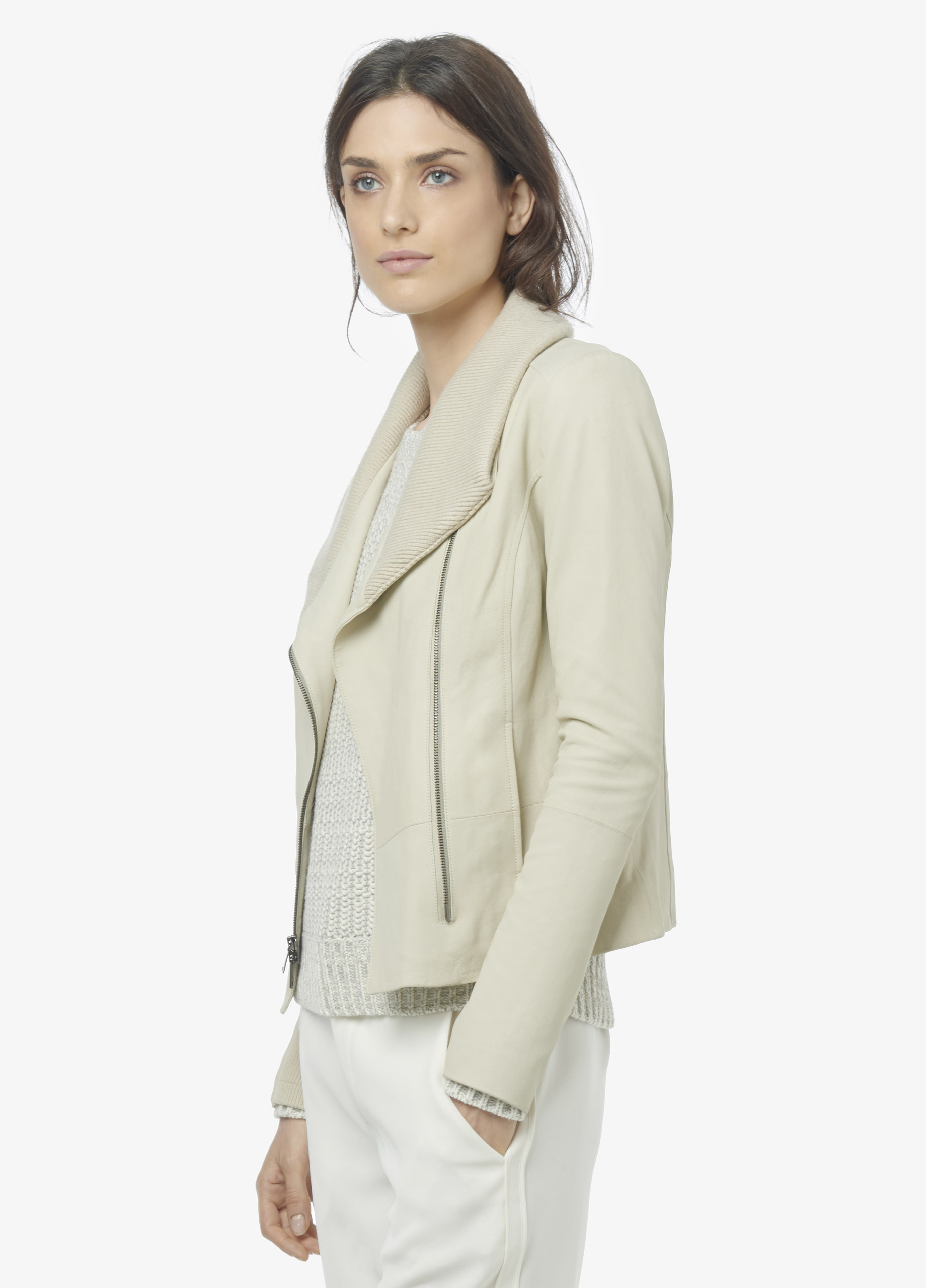 Lyst Vince Rib Collar Leather Scuba Jacket In White Gallery