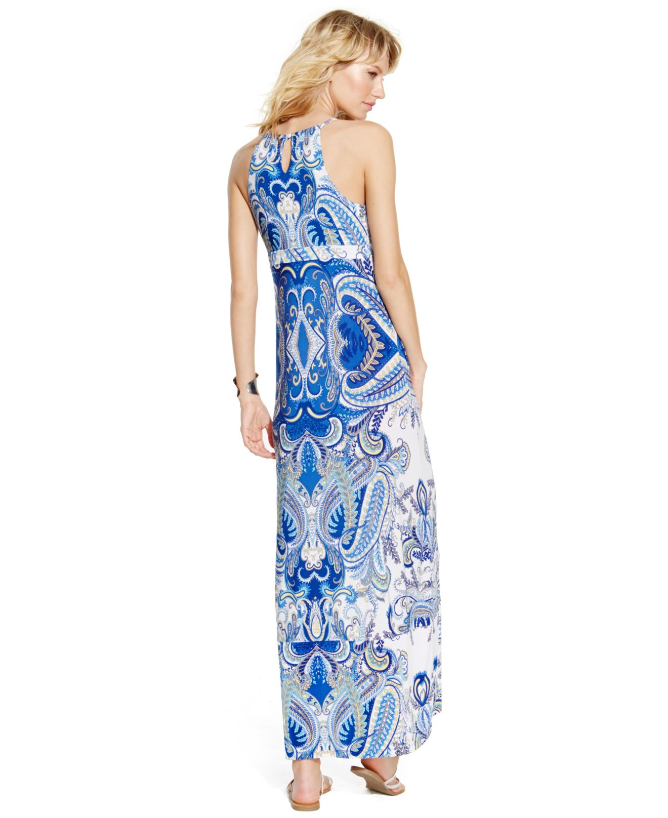 INC International Concepts Printed Beaded Halter Maxi Dress in Blue - Lyst