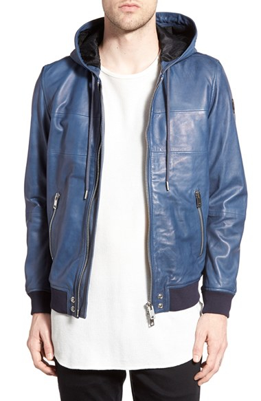 blue leather jacket with hood
