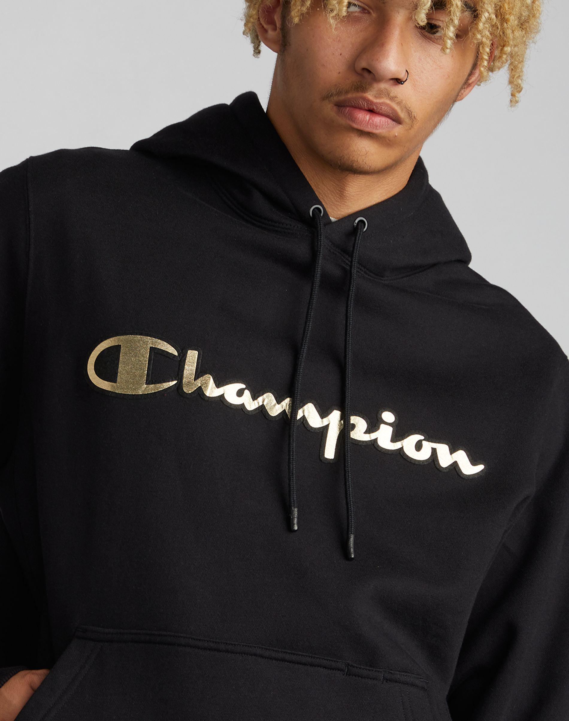 champion script hoodie black and gold