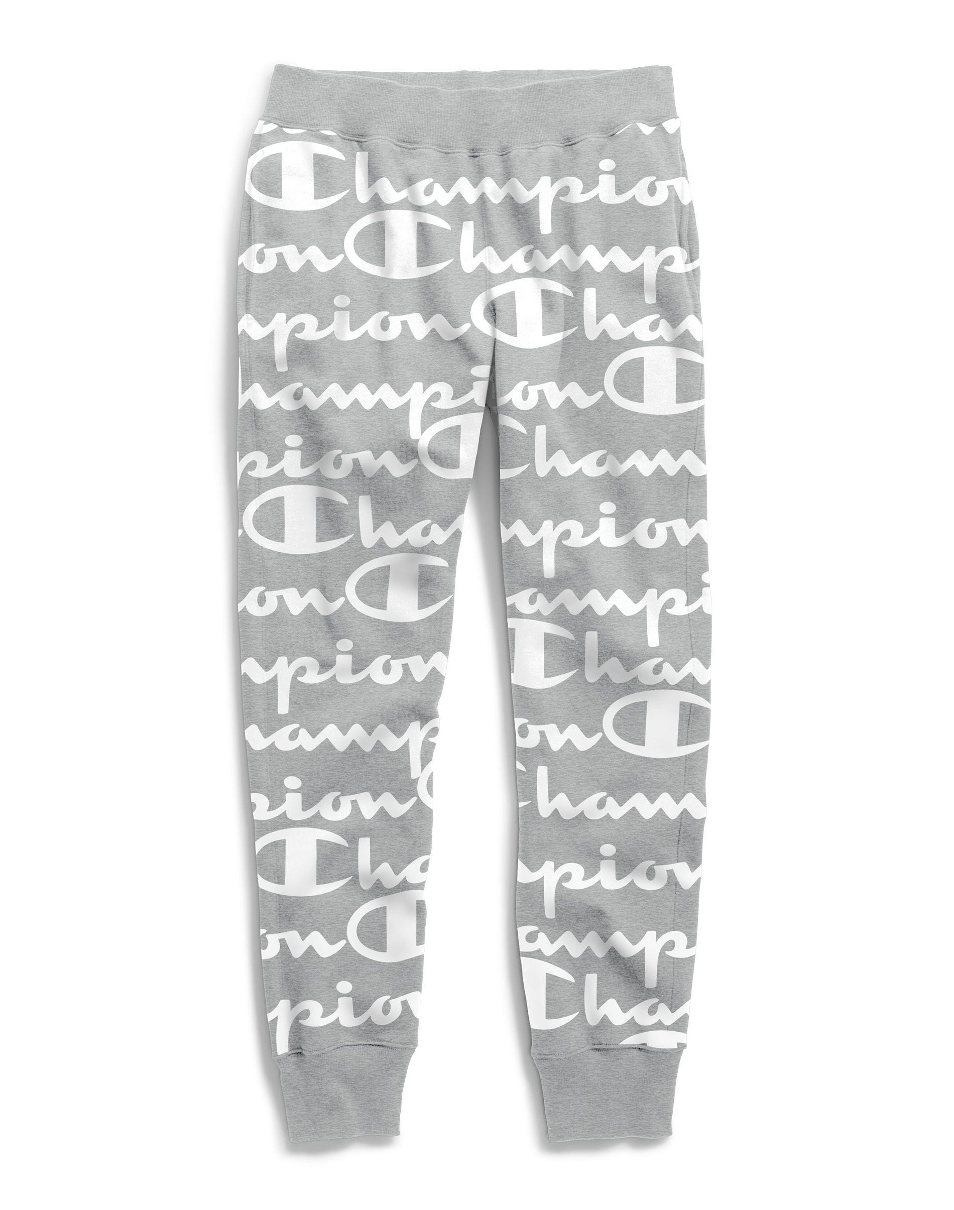 grey champion sweatpants with logo all over