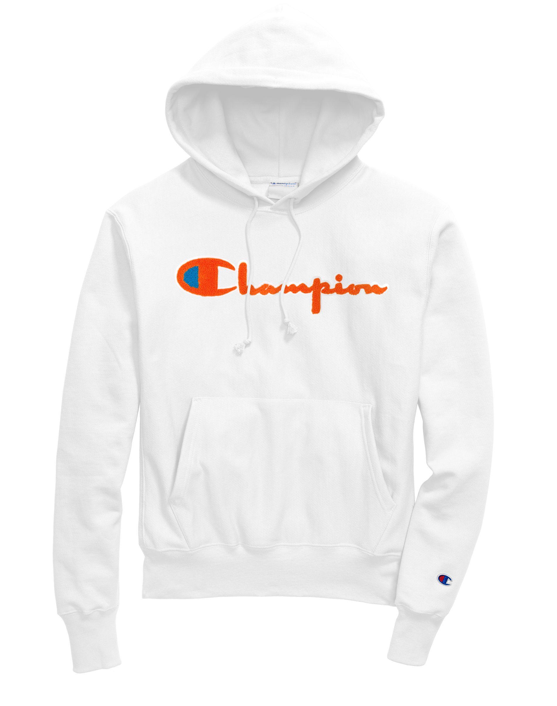 champion reverse weave chenille logo white hoodie