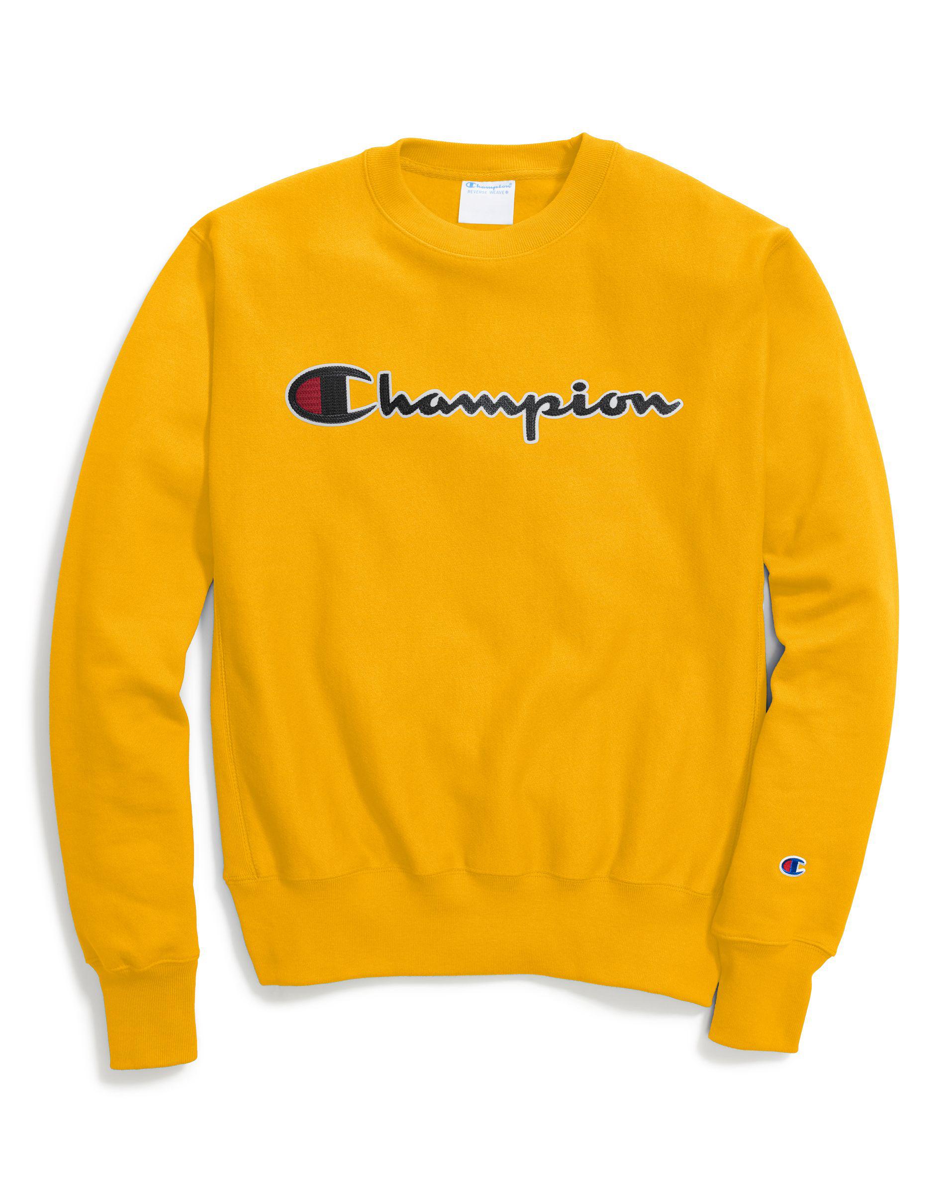 champion script logo gold crew neck sweatshirt