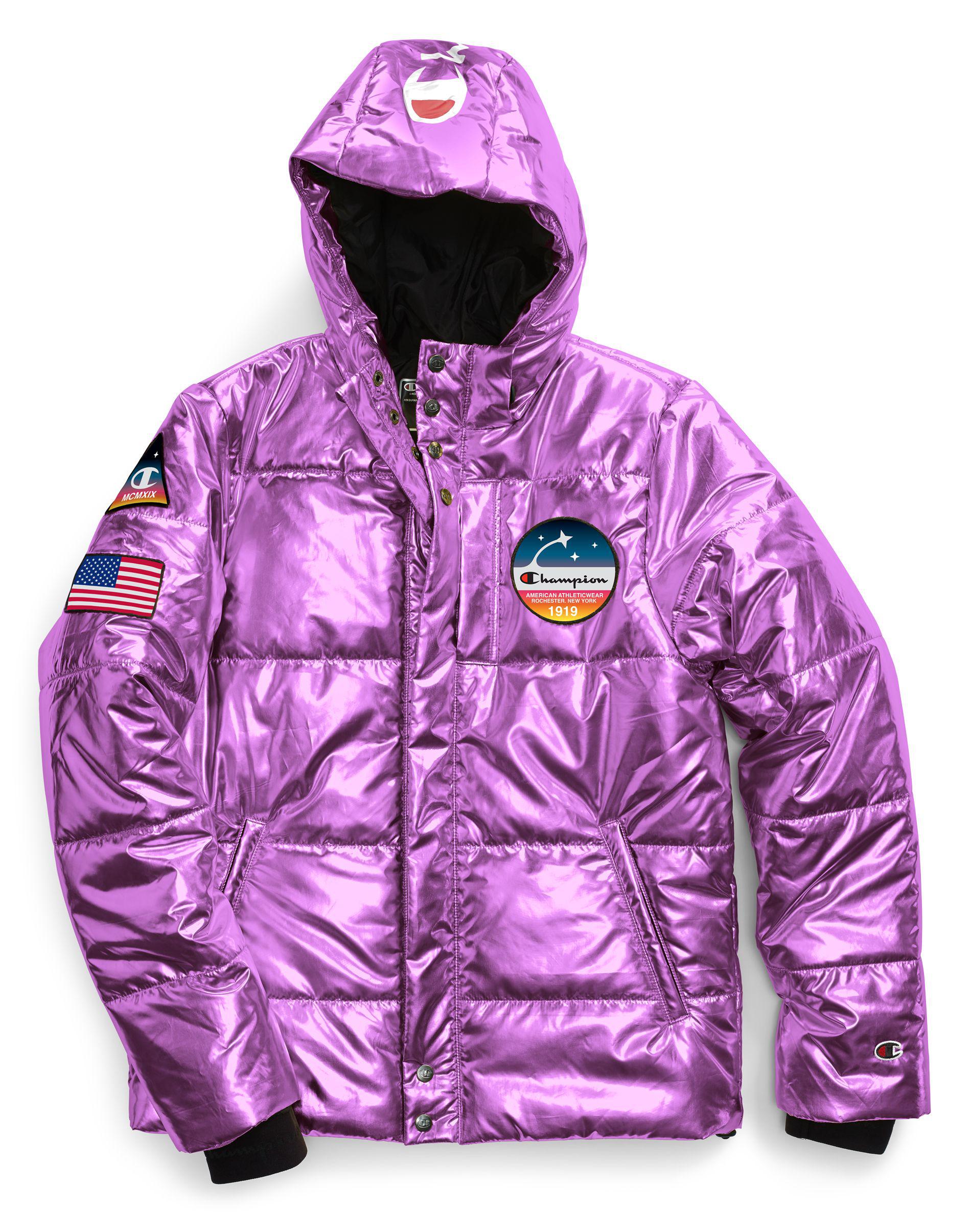 champion pink metallic puffer jacket