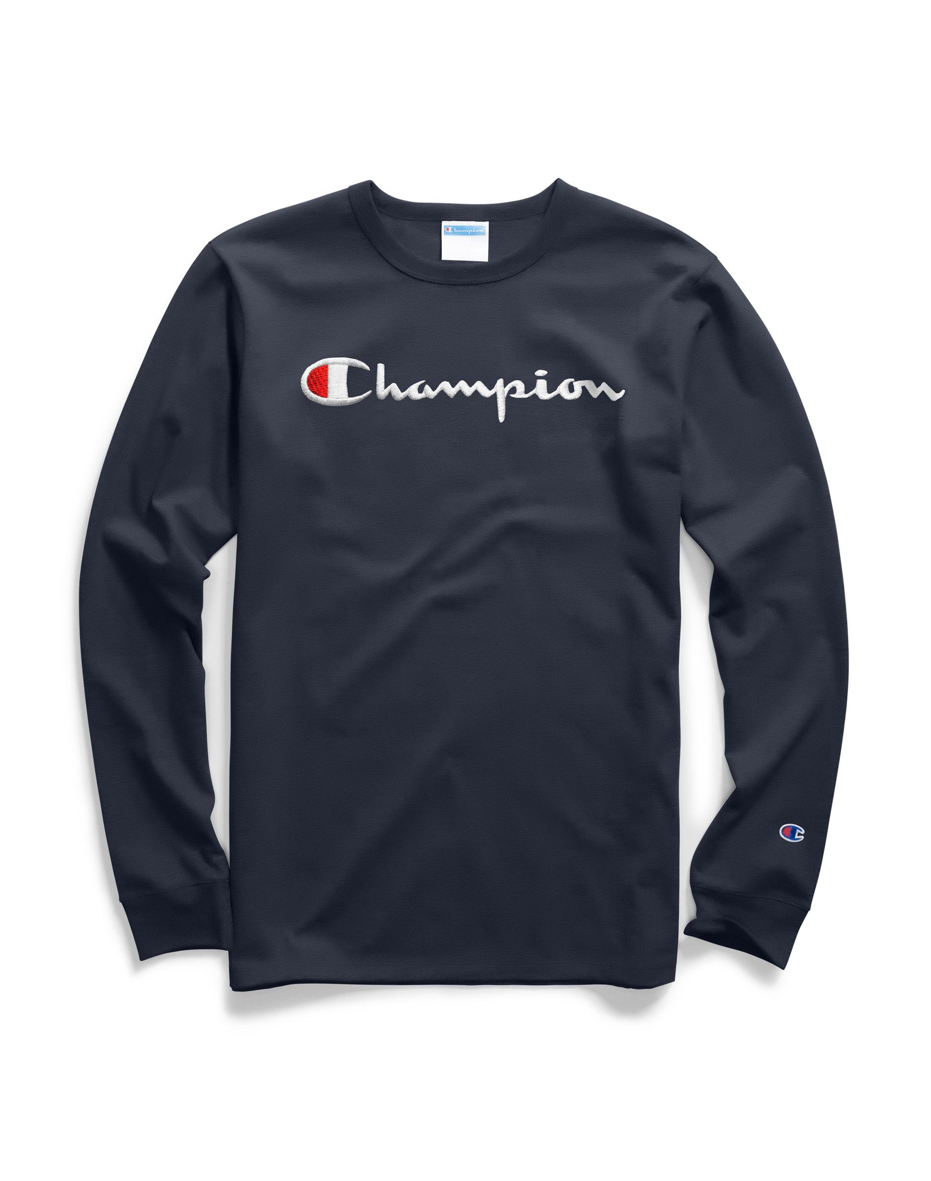 Champion Cotton Life® Big & Tall Long-sleeve Tee, Script Logo in Navy ...