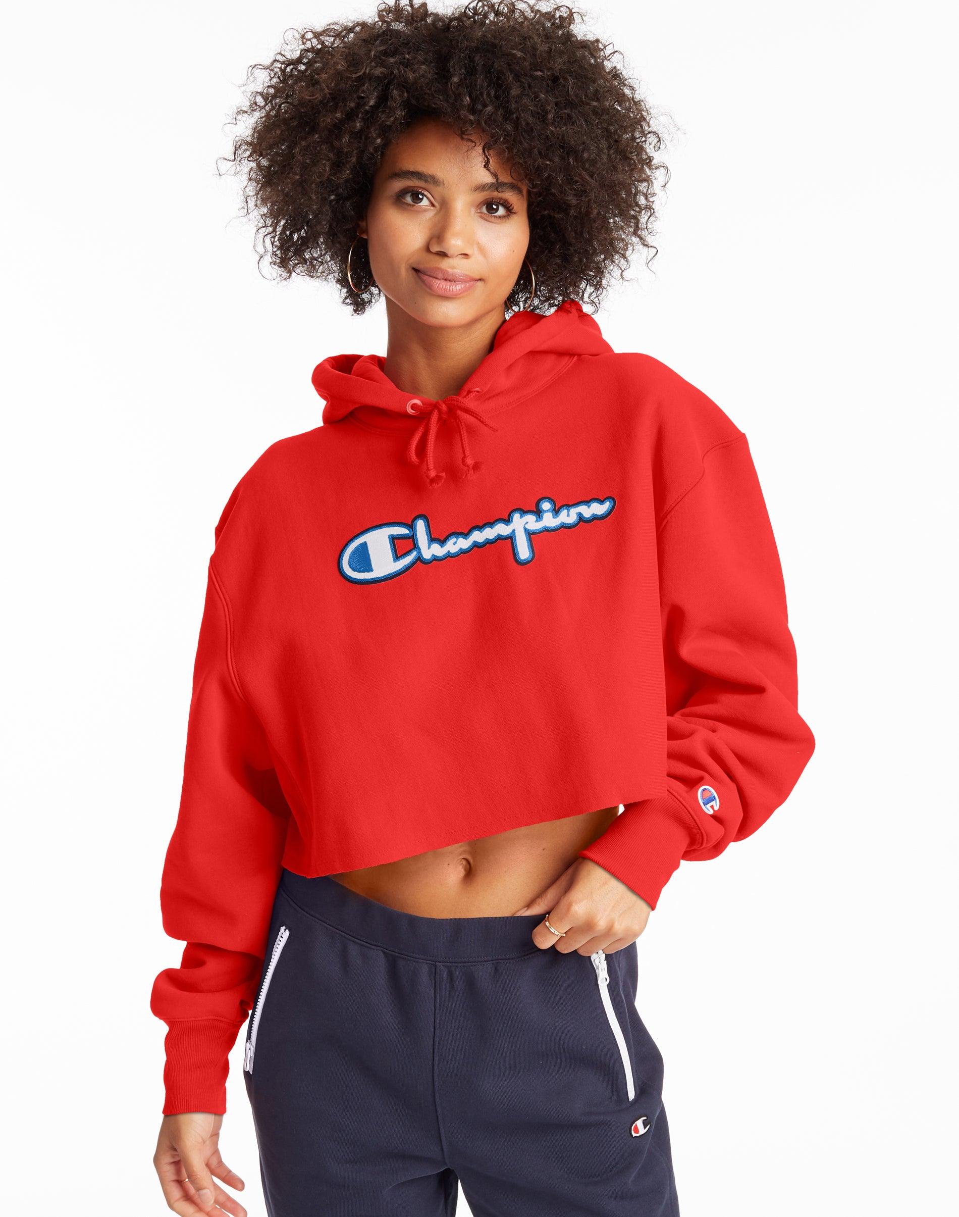 cropped red champion hoodie