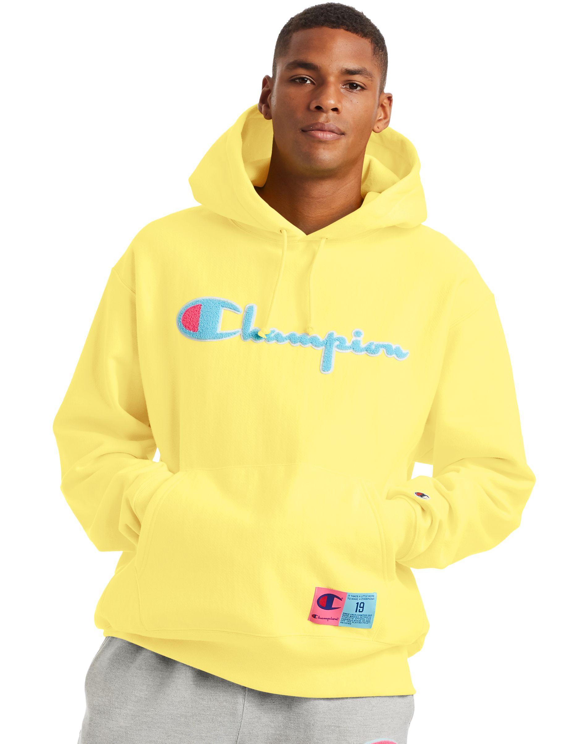 Champion Fleece Life Reverse Weave Hoodie, Chenille Logo in Yellow for Men  - Lyst