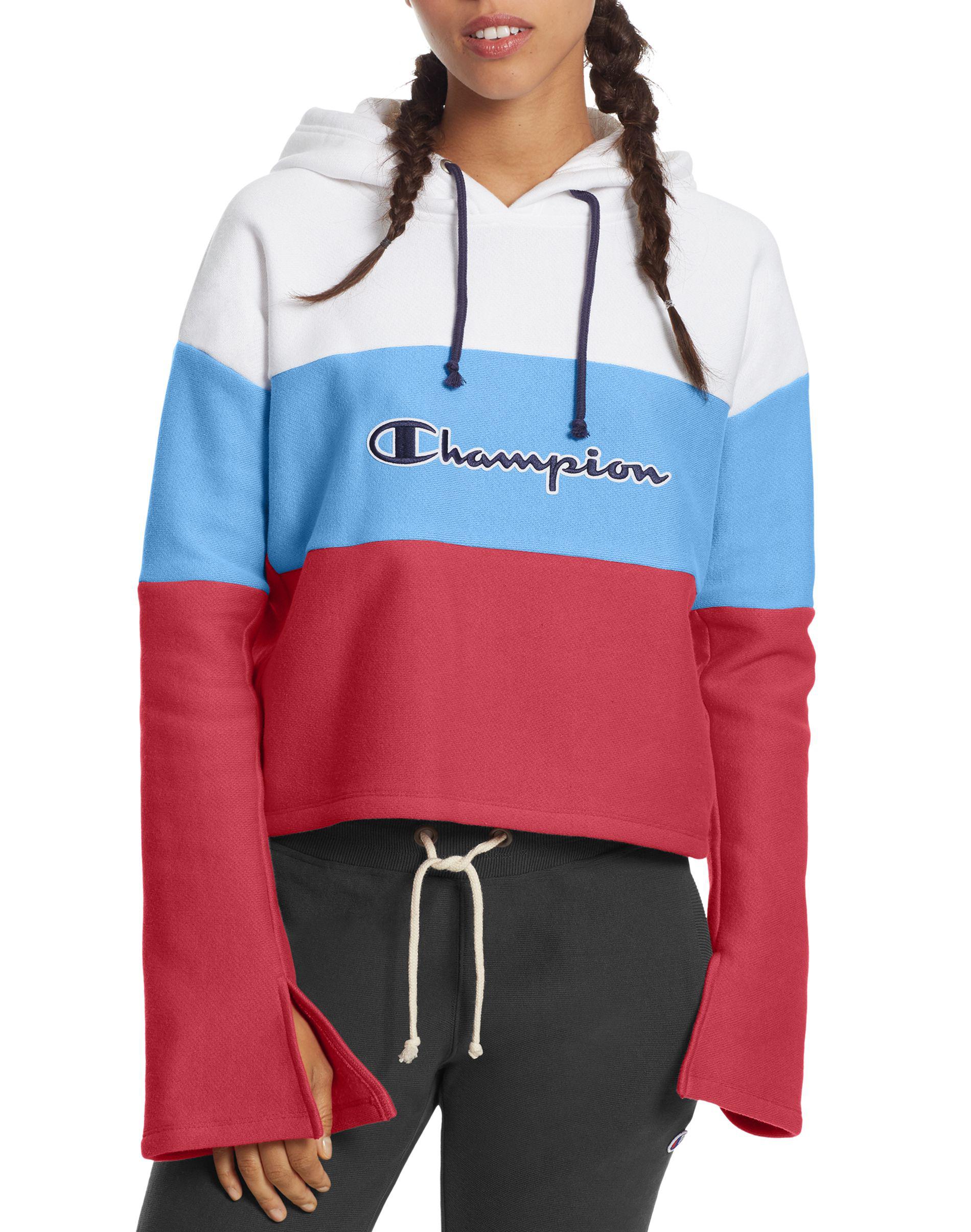 blue white and pink champion hoodie