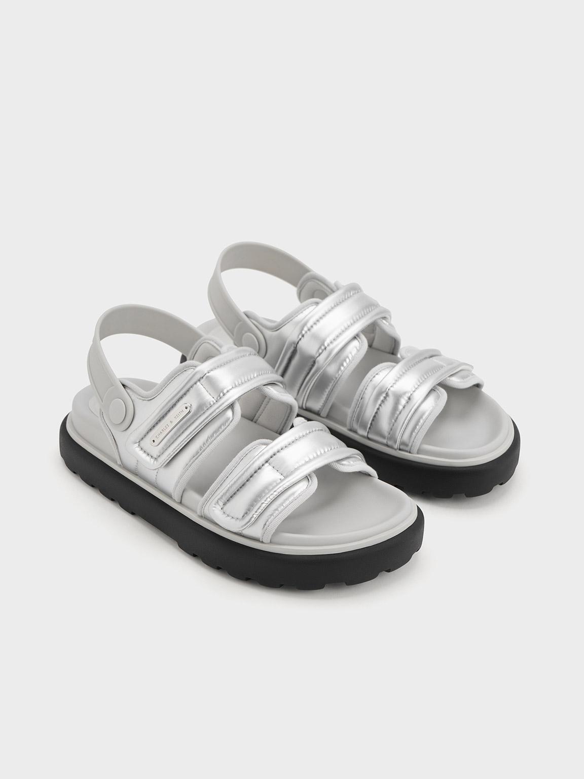 Silver Metallic Gem-Encrusted Heeled Sandals - CHARLES & KEITH IN