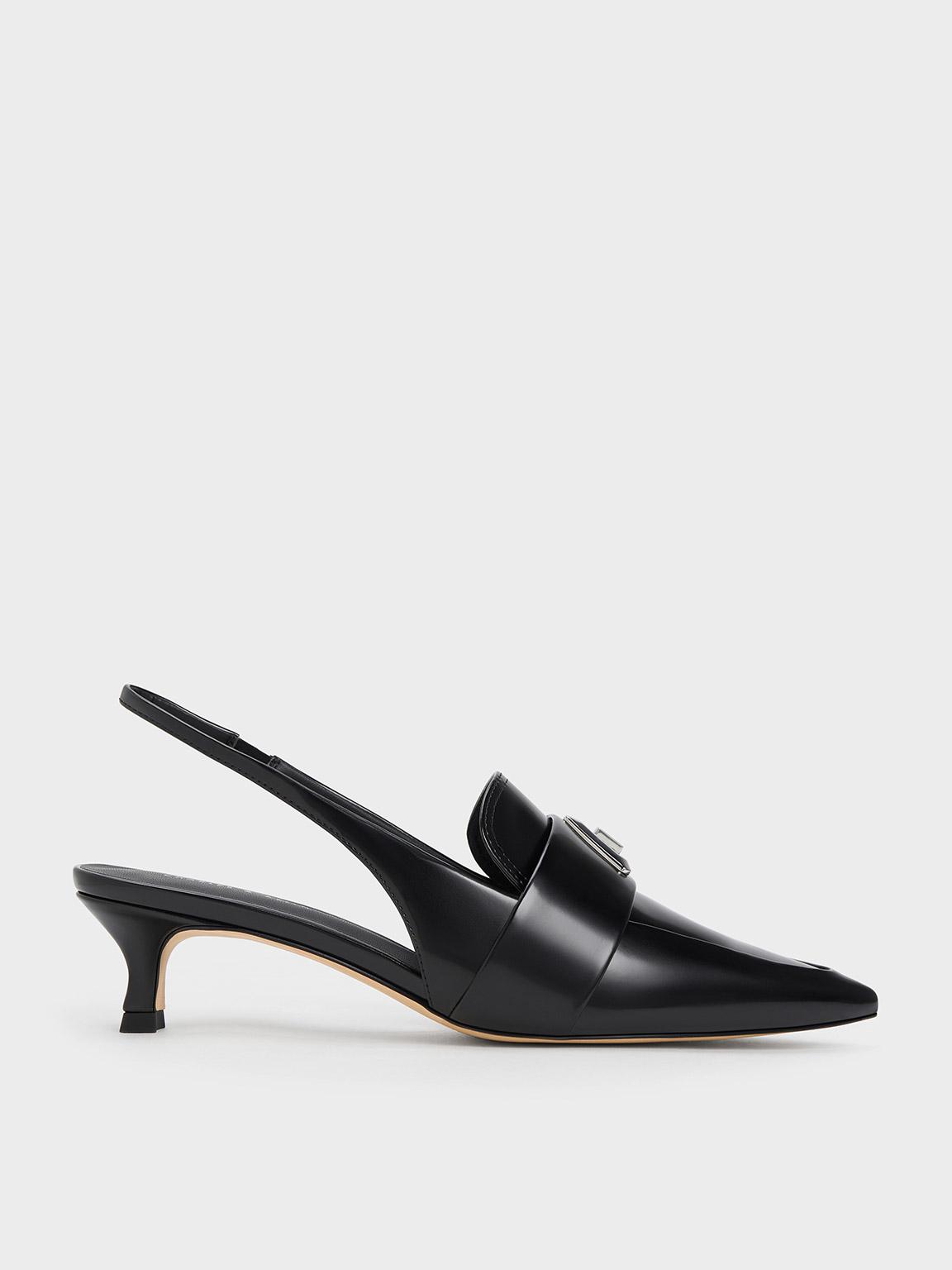 Black Leather Beaded Slingback Pumps - CHARLES & KEITH CO