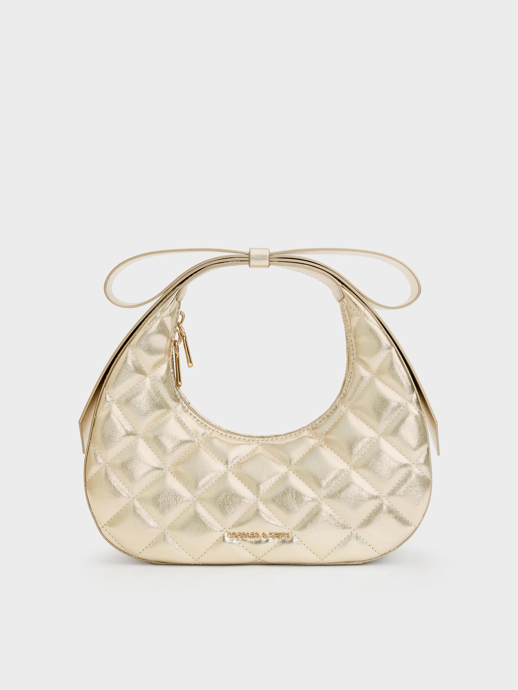 Charles & Keith Janie Metallic Quilted Bow-Handle Bag in Natural 