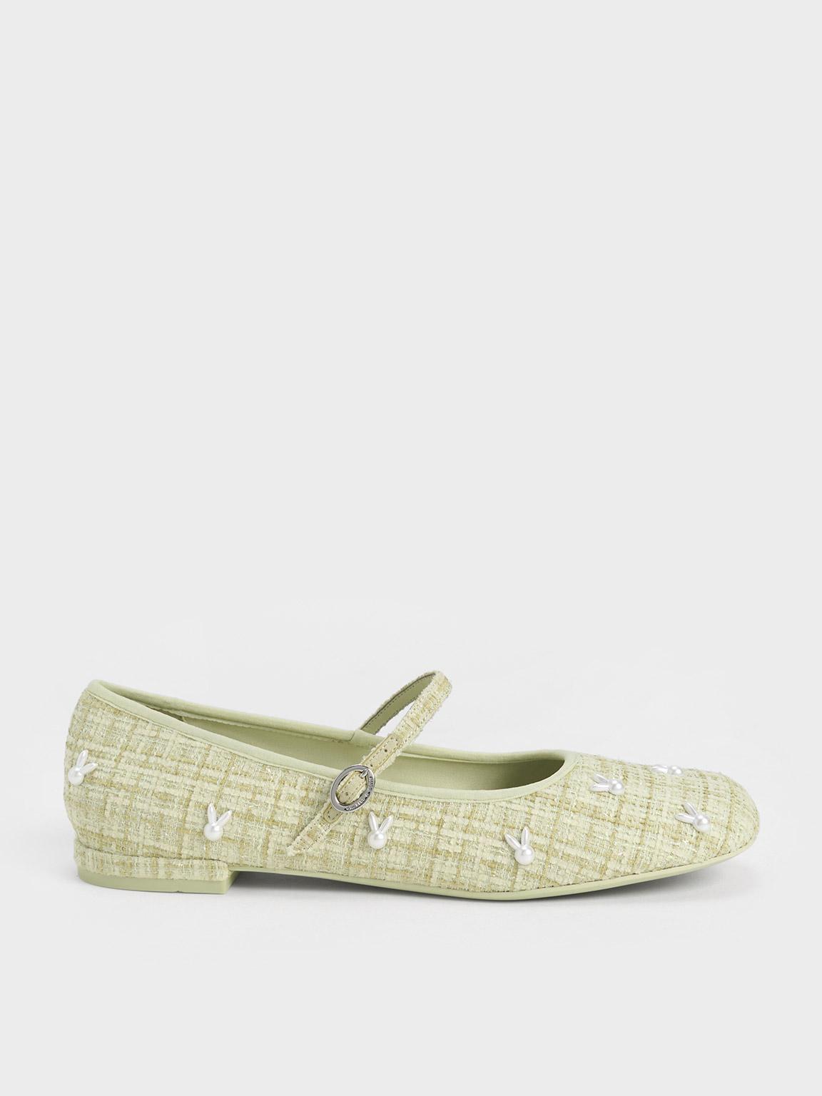 Charles & Keith Bunny Tweed Mary Jane Flats in Green | Lyst