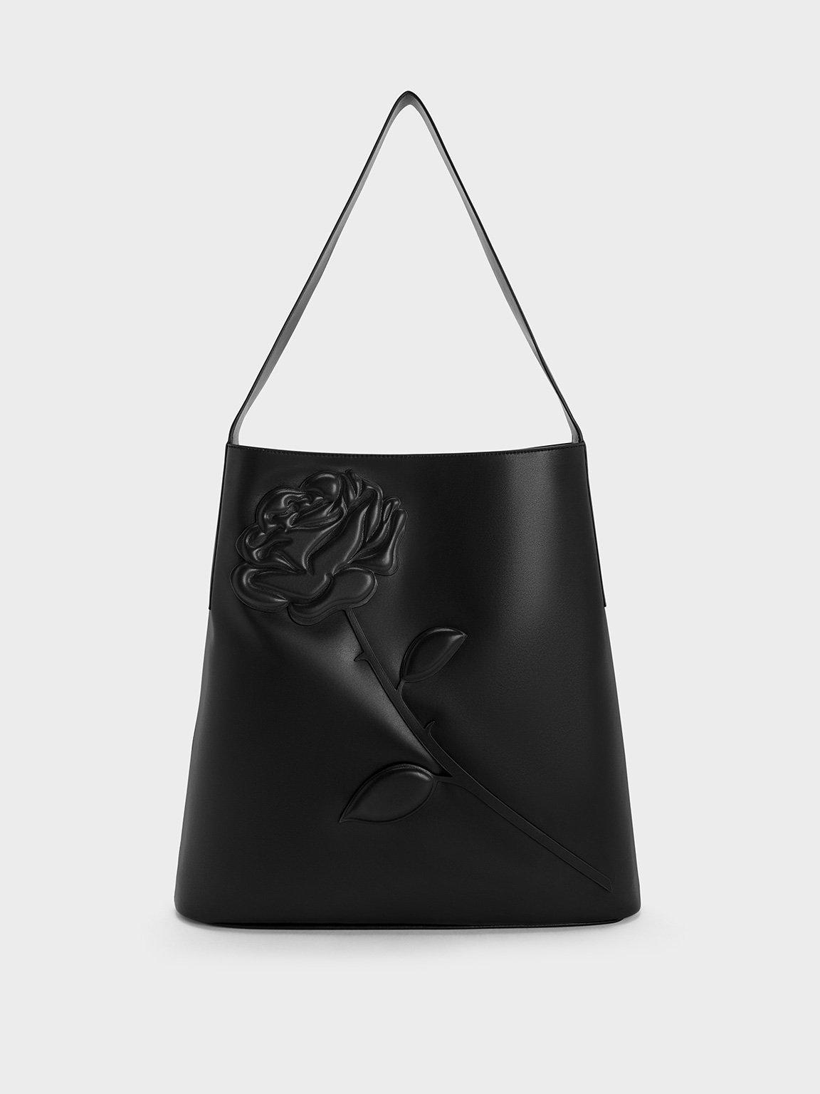 Charles & Keith Rose-motif Trapeze Shoulder Bag in Black | Lyst