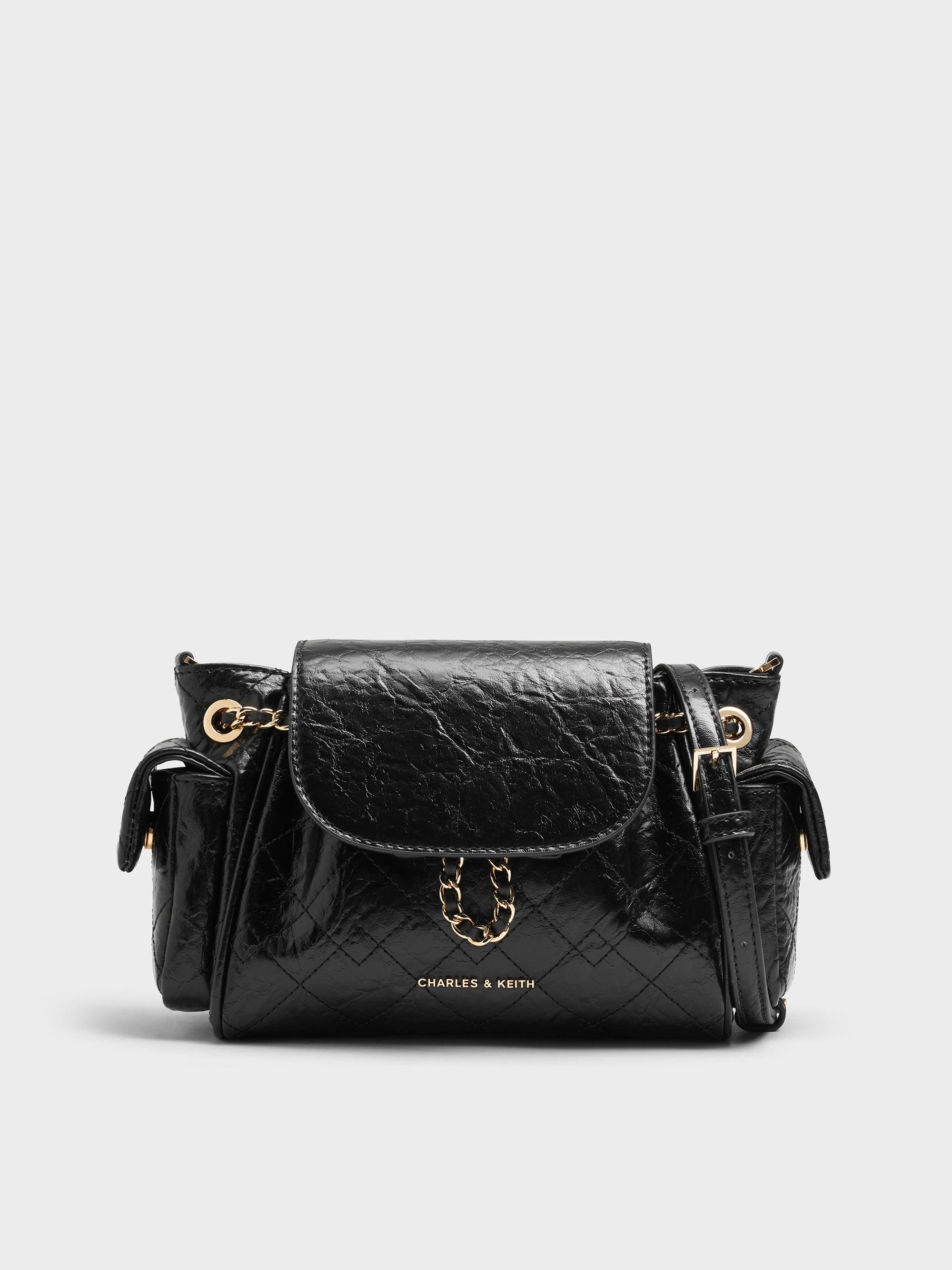 Charles & Keith Duo Quilted Two-Way Front Flap Backpack in Black
