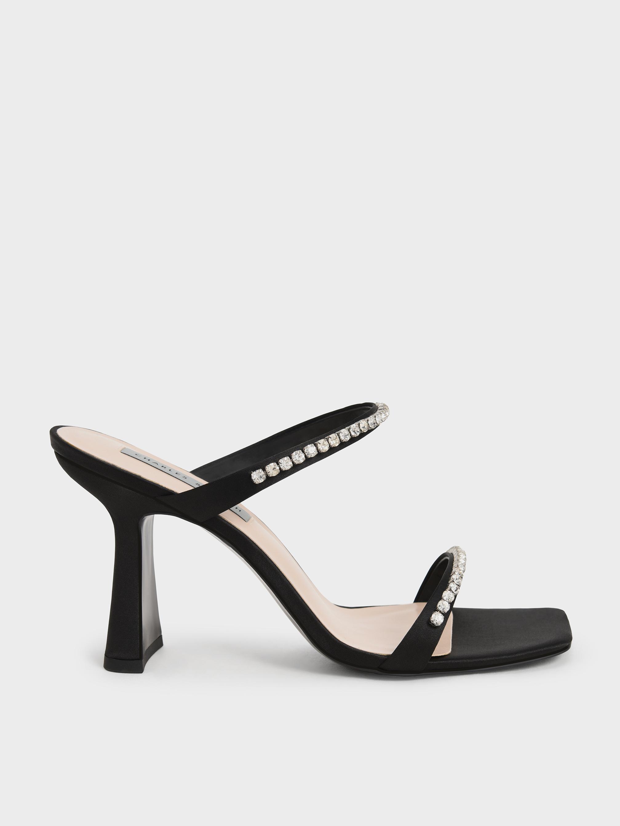 Charles & Keith Satin Gem-encrusted Heeled Sandals in Black | Lyst