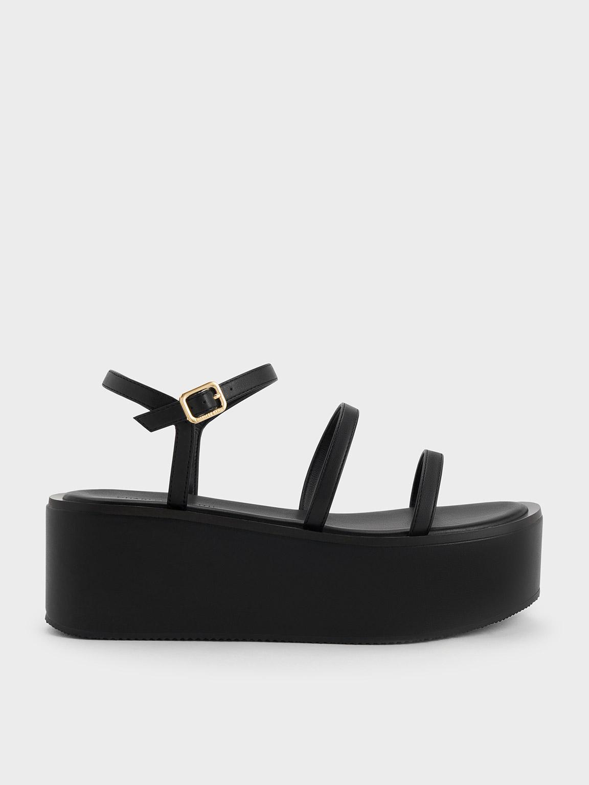 Strappy Flatform Thong Sandals - Black