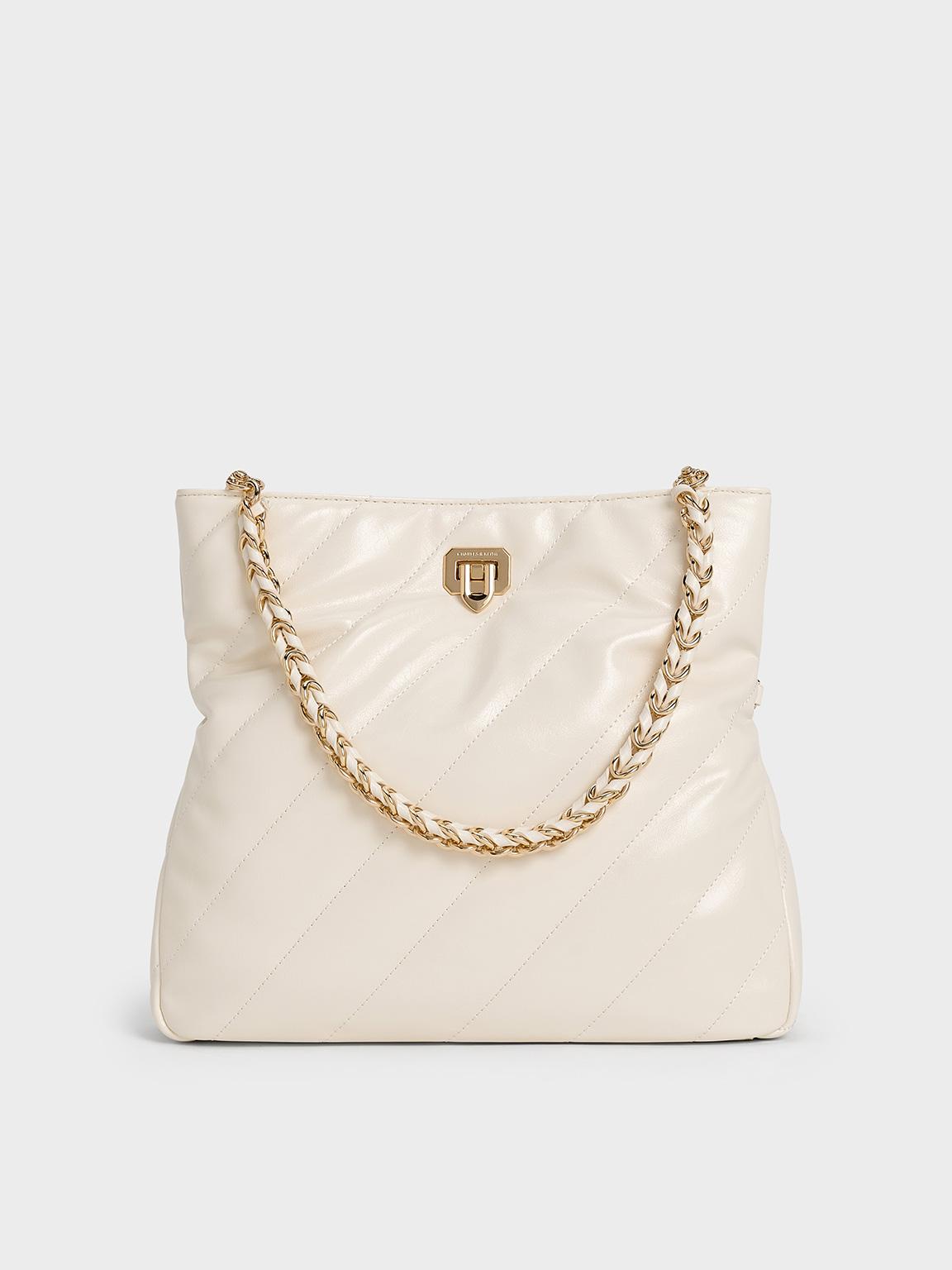 Charles Keith Fawn Panelled Chain-Handle Shoulder Bag in Natural