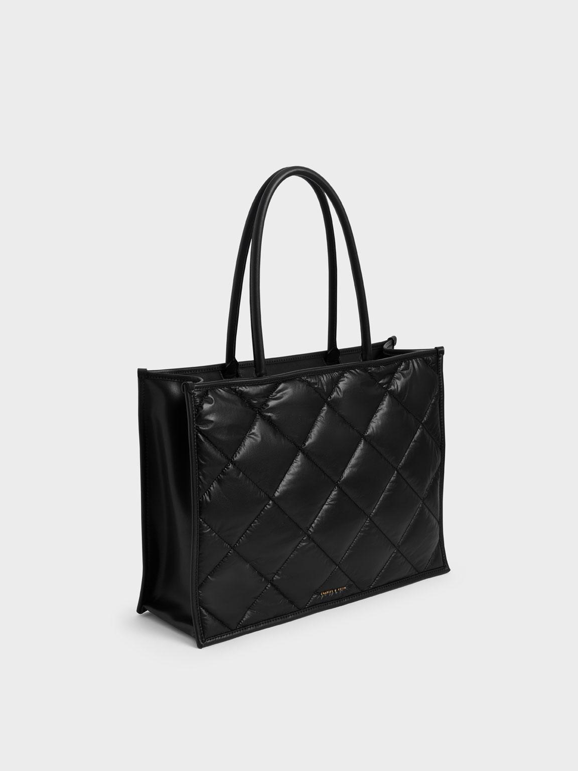 Charles Keith Celia Double Handle Quilted Tote Bag in Black