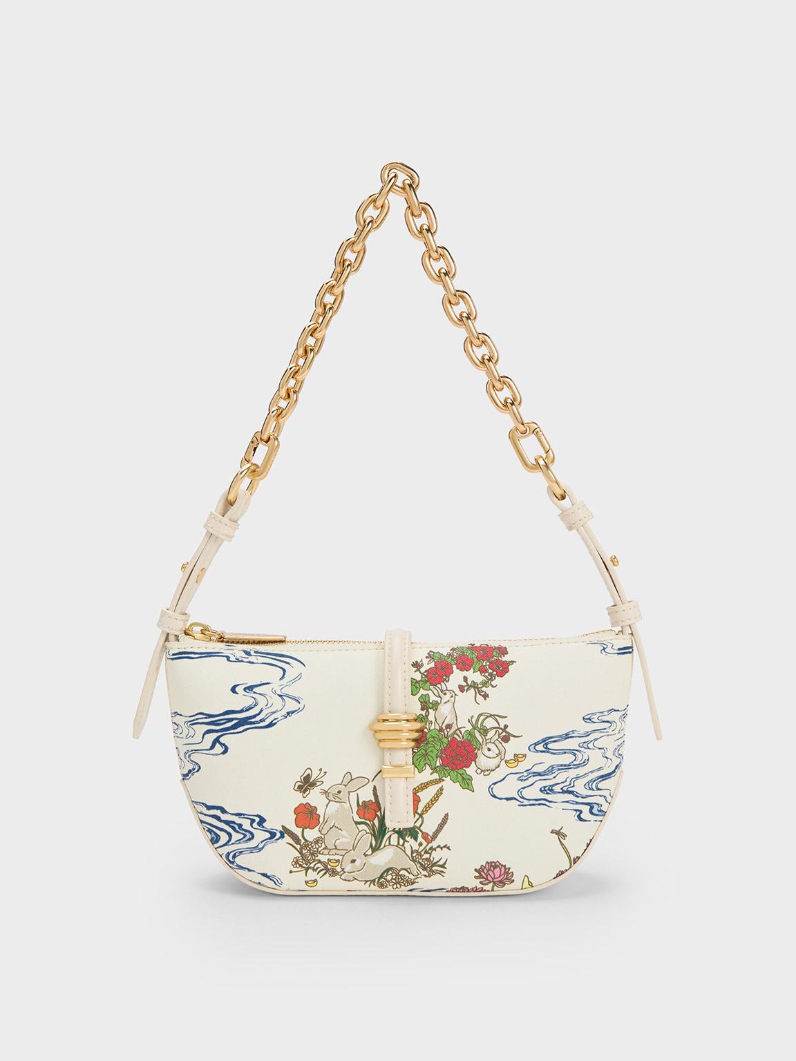 Charles & Keith Floral Illustrated Canvas Shoulder Bag in Natural