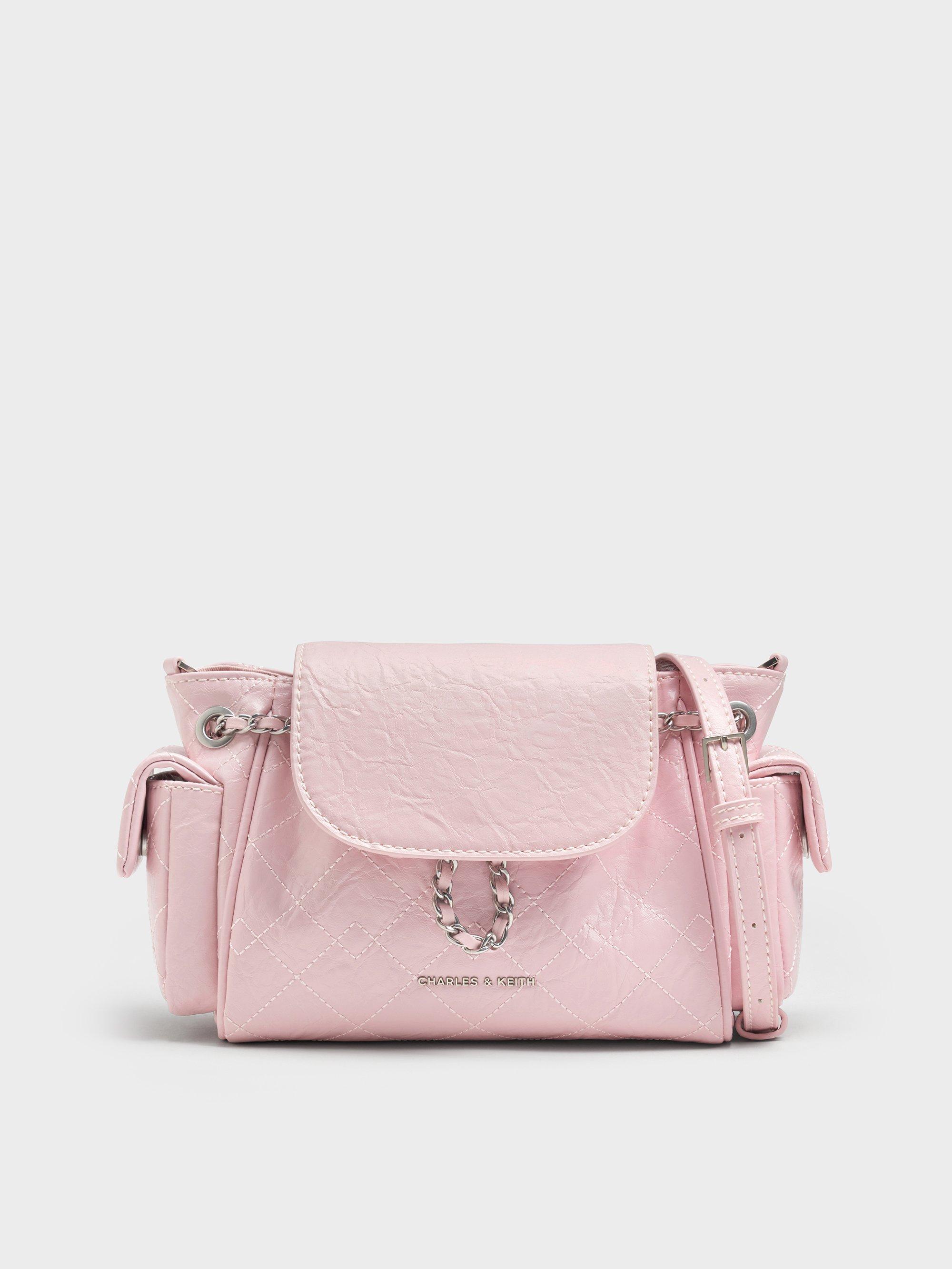 Charles & Keith Duo Quilted Two-Way Front Flap Backpack in Pink