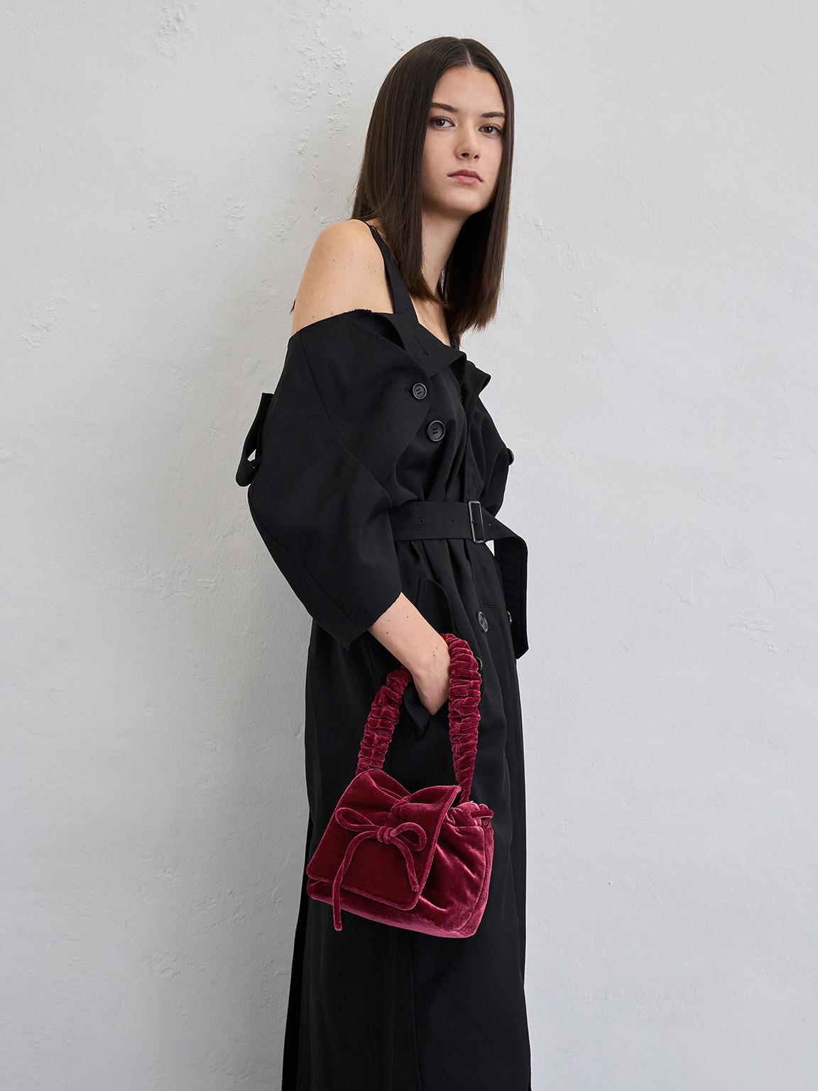 Charles & Keith Velvet Bow Ruched Top Handle Bag in Red