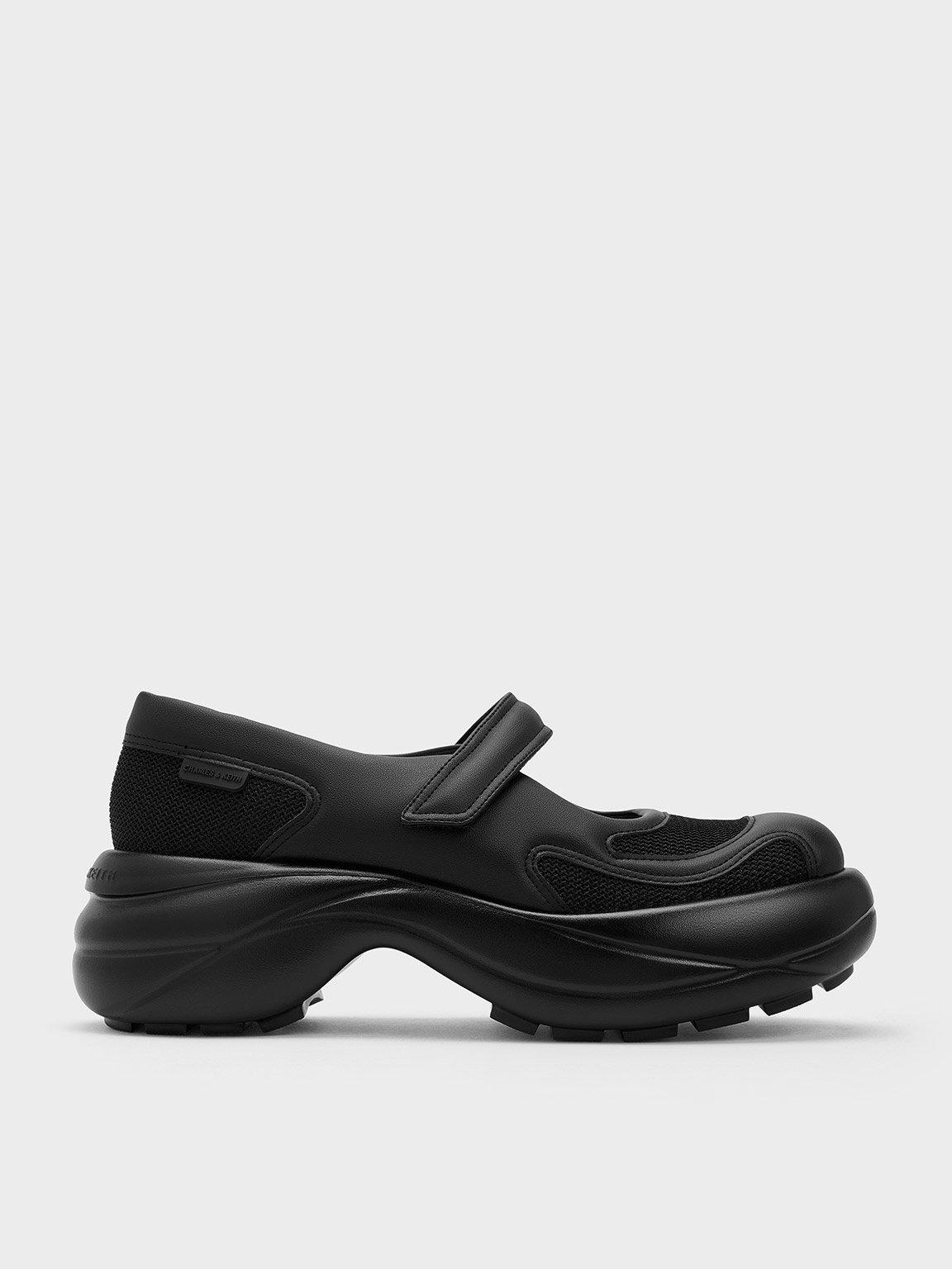 Charles & Keith Mesh Curved Platform Mary Jane Sneakers in Black