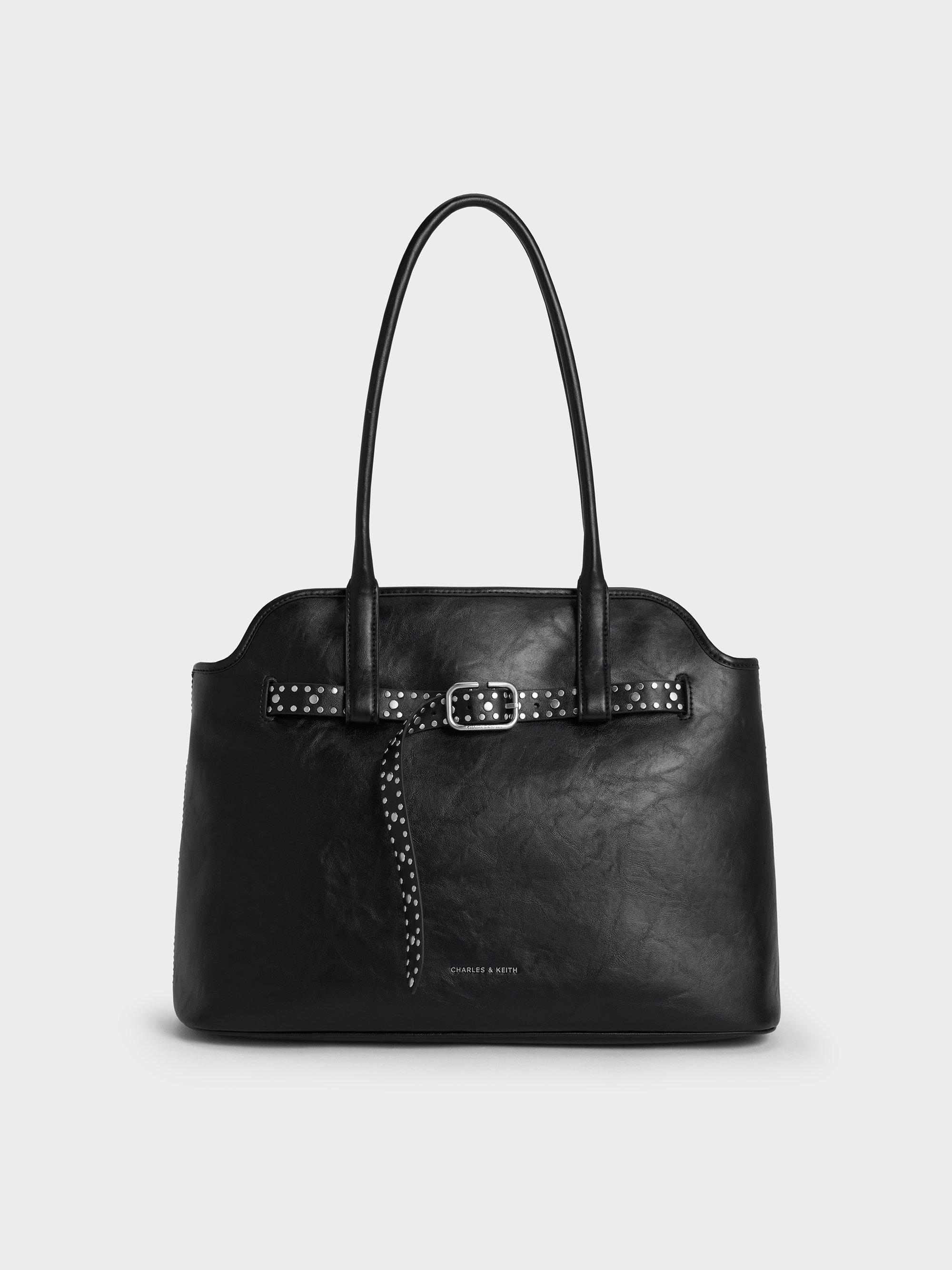 Charles & Keith Victoria Studded Belted Tote Bag in Black | Lyst