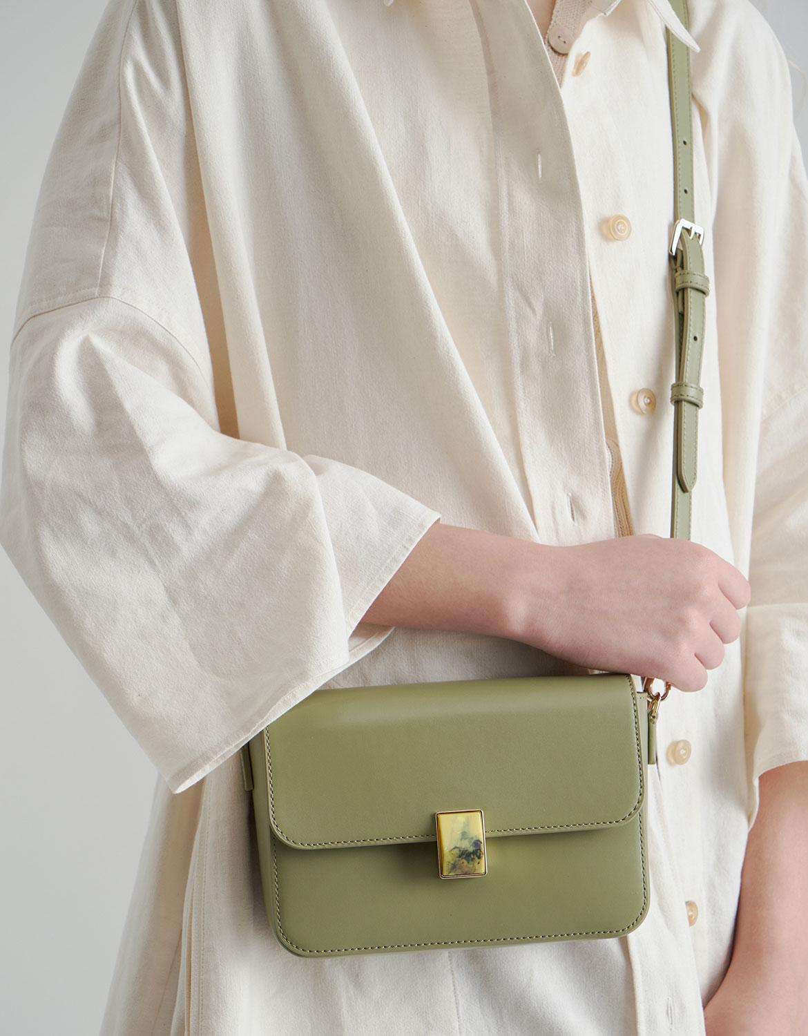 Charles & Keith Leather Embellished Pushlock Crossbody Bag in Sage