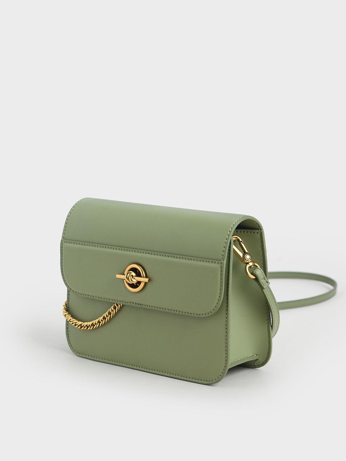 Charles & Keith Metallic Accent Chain Handle Bag in Sage Green 