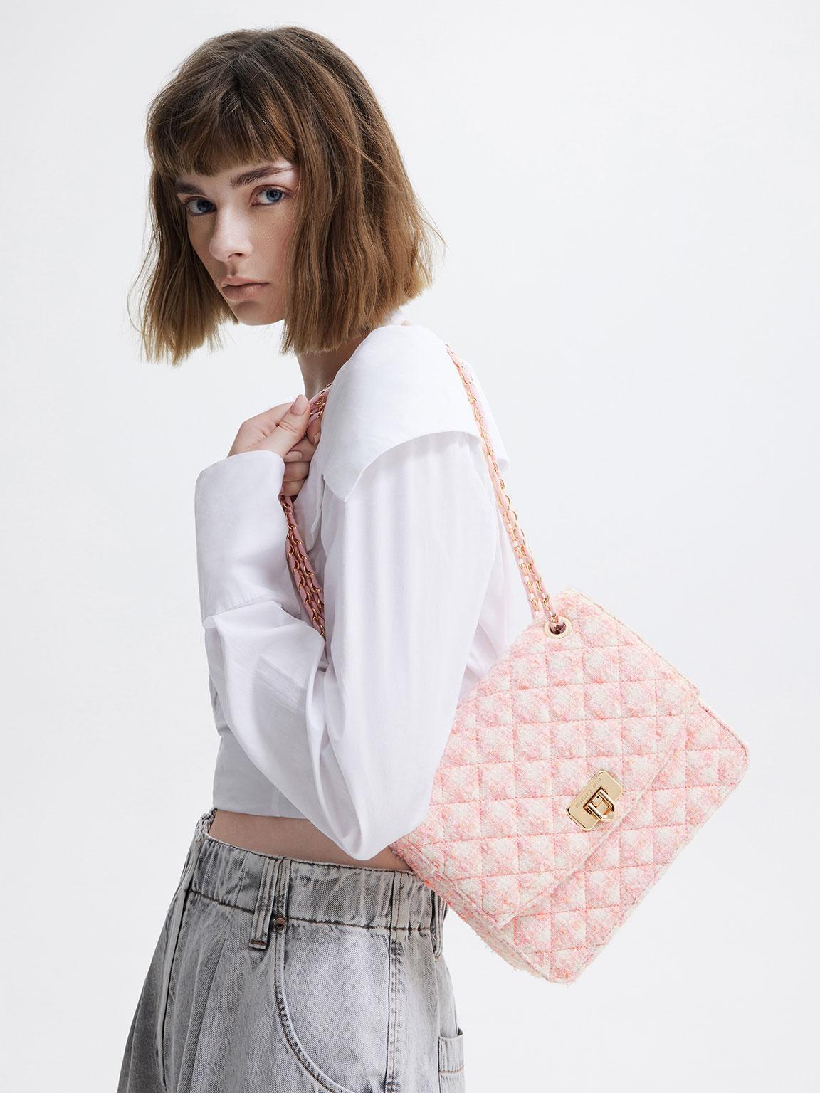 Pink Tweed Chain Strap Bag - CHARLES & KEITH US