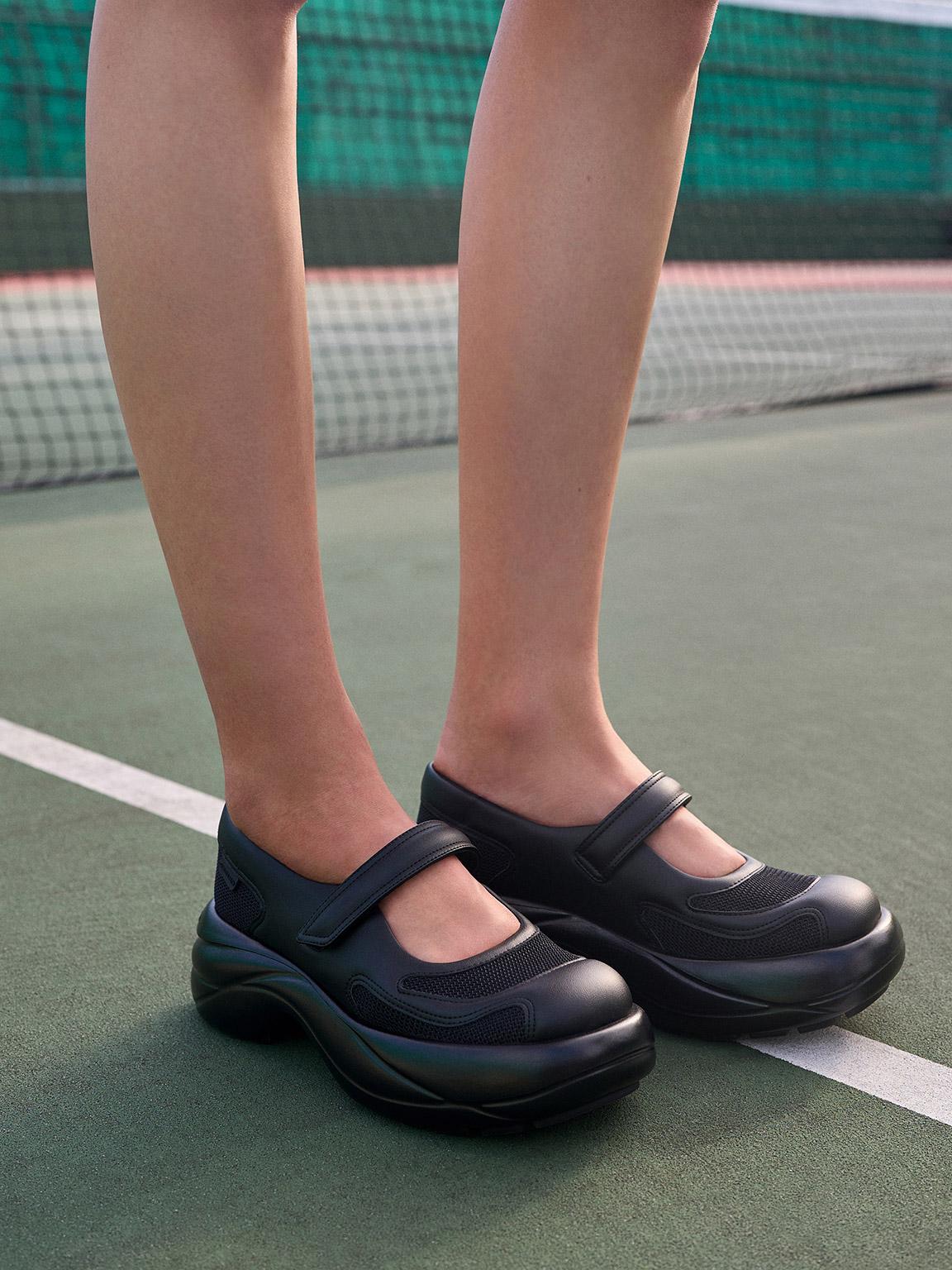 Charles & Keith Mesh Curved Platform Mary Jane Sneakers in Black