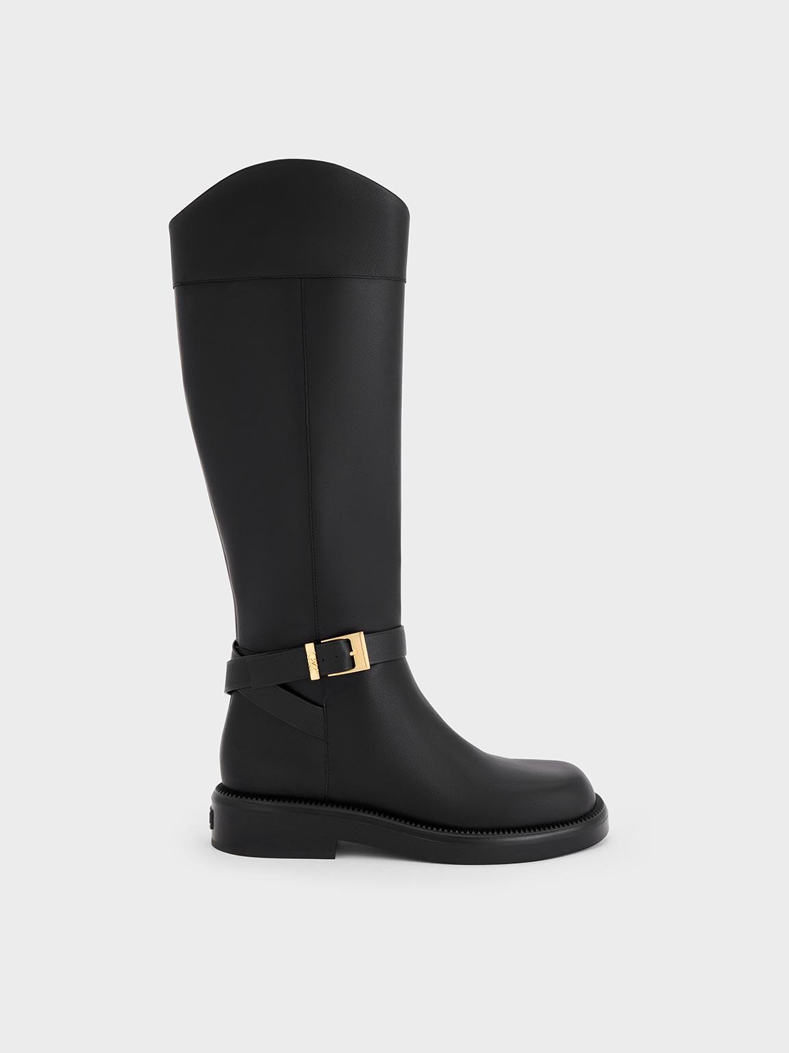 Charles & Keith Leather Buckled-Strap Knee-High Boots in Black | Lyst