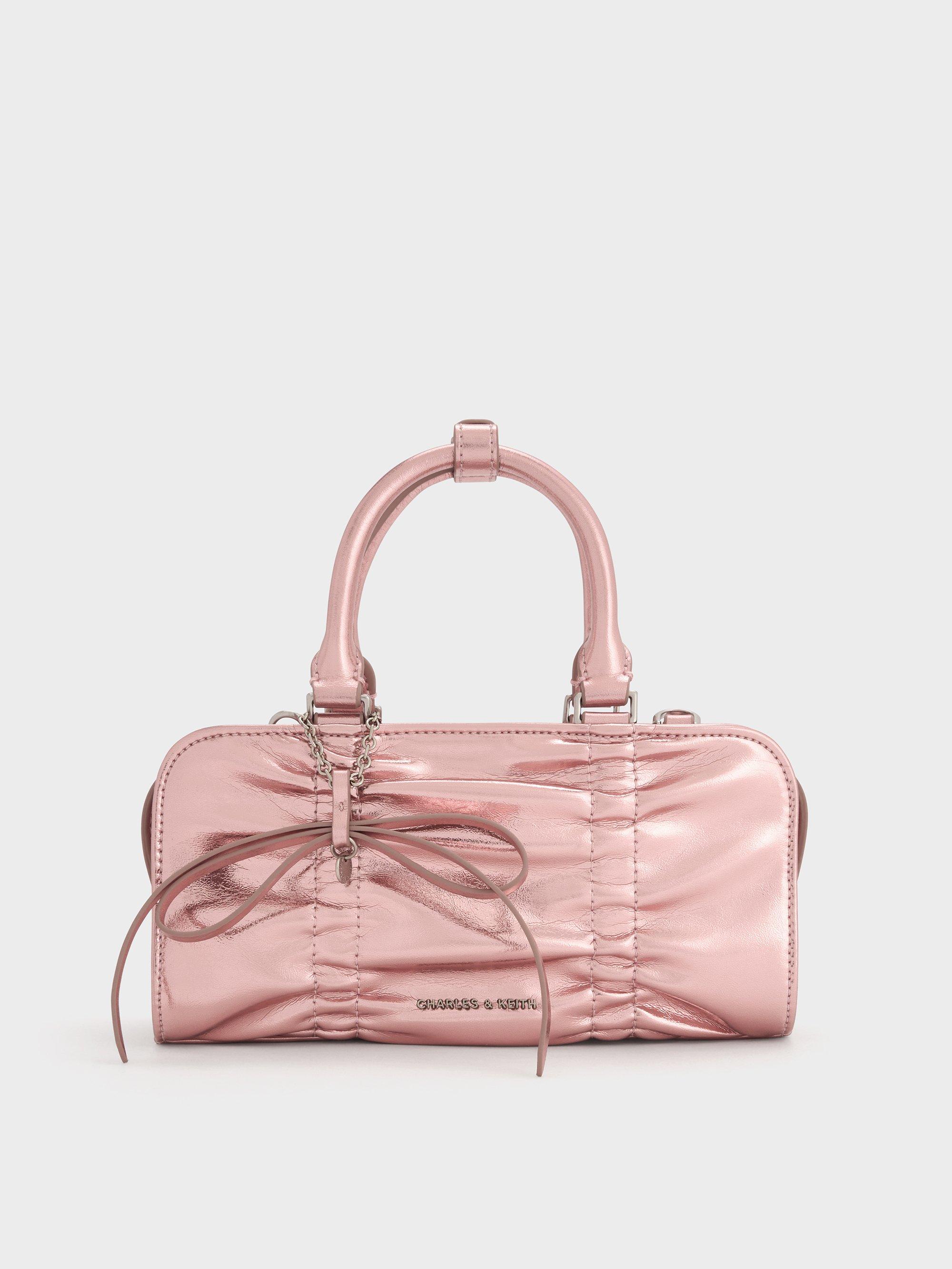 Charles & Keith Kadee Metallic Ruched Bow-Charm Bowling Bag in 