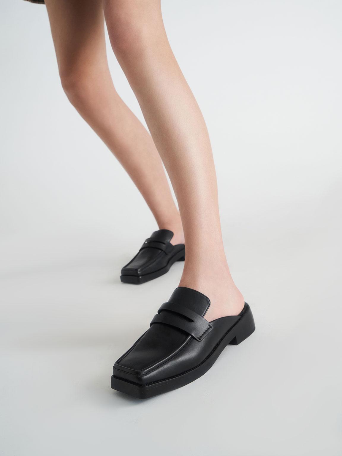 Charles & Keith Square Toe Penny Loafer Mules in Black | Lyst