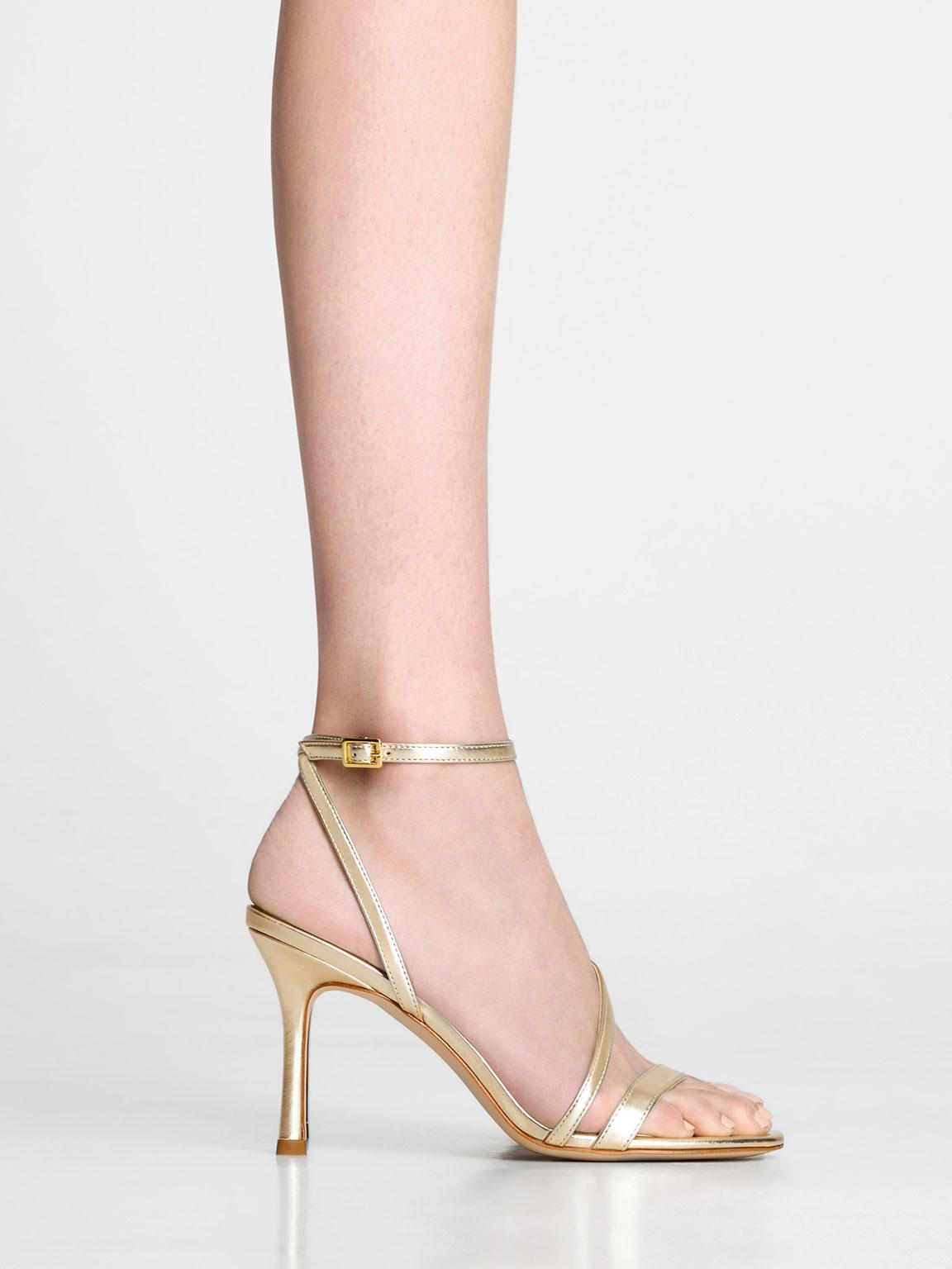 Charles & Keith Metallic Asymmetric Strappy Heeled Sandals in White