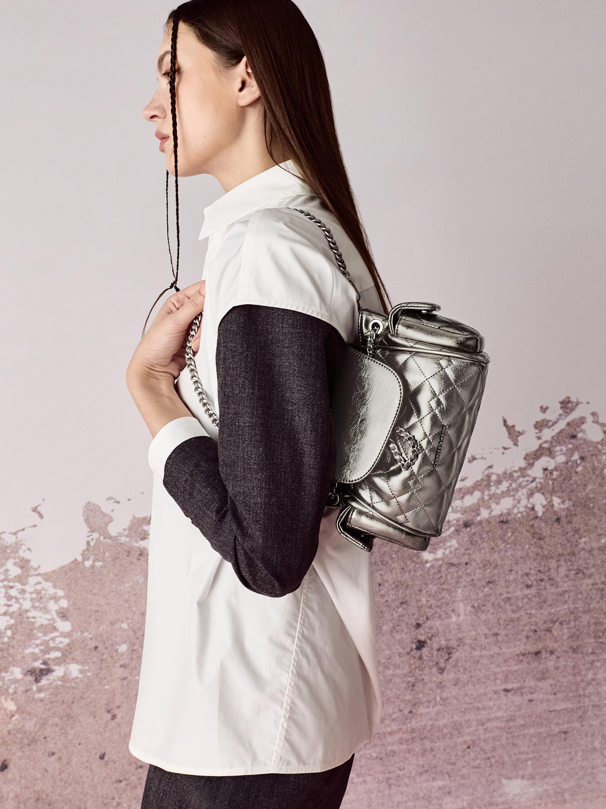 Charles & Keith Duo Quilted Two-Way Front Flap Backpack in Grey