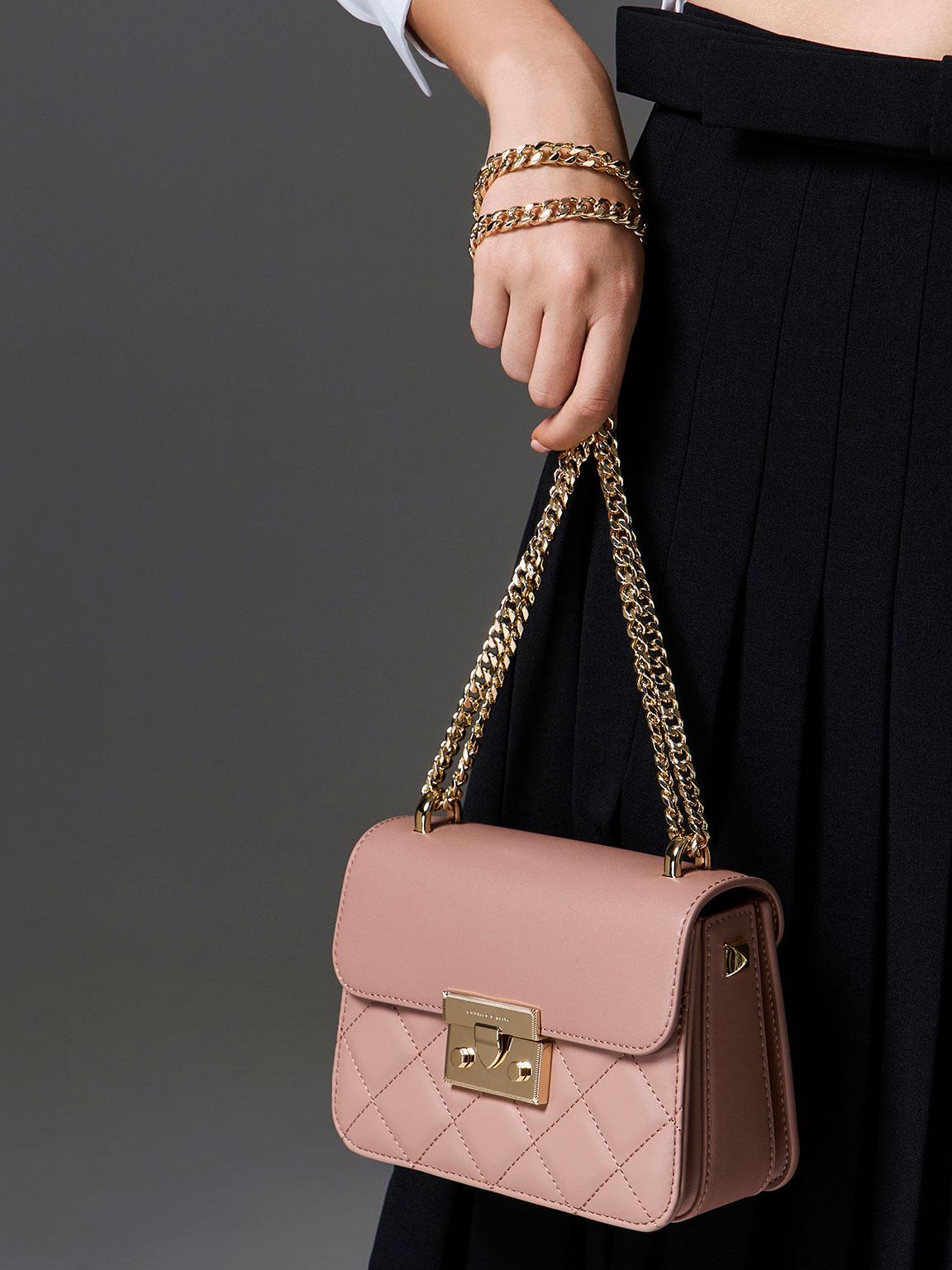 Double Chain Handle Quilted Bag - Pink