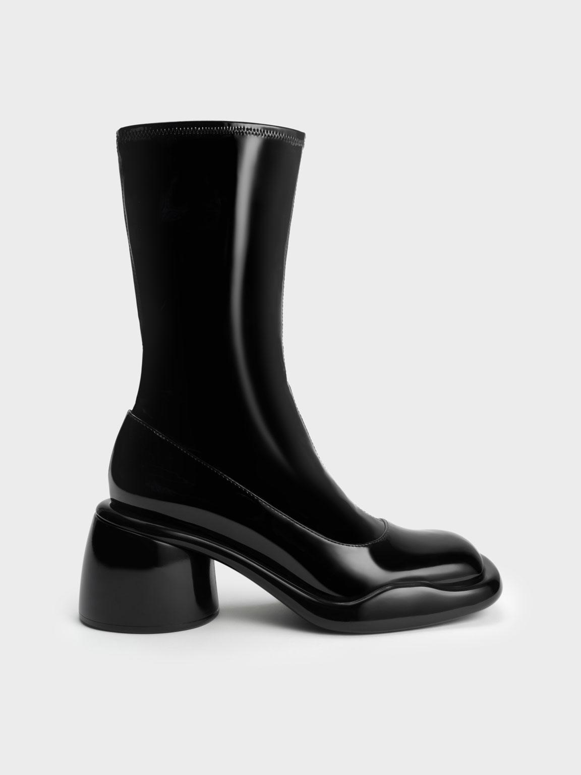 Charles & Keith Lula Patent Chunky Heel Calf Boots in Black | Lyst