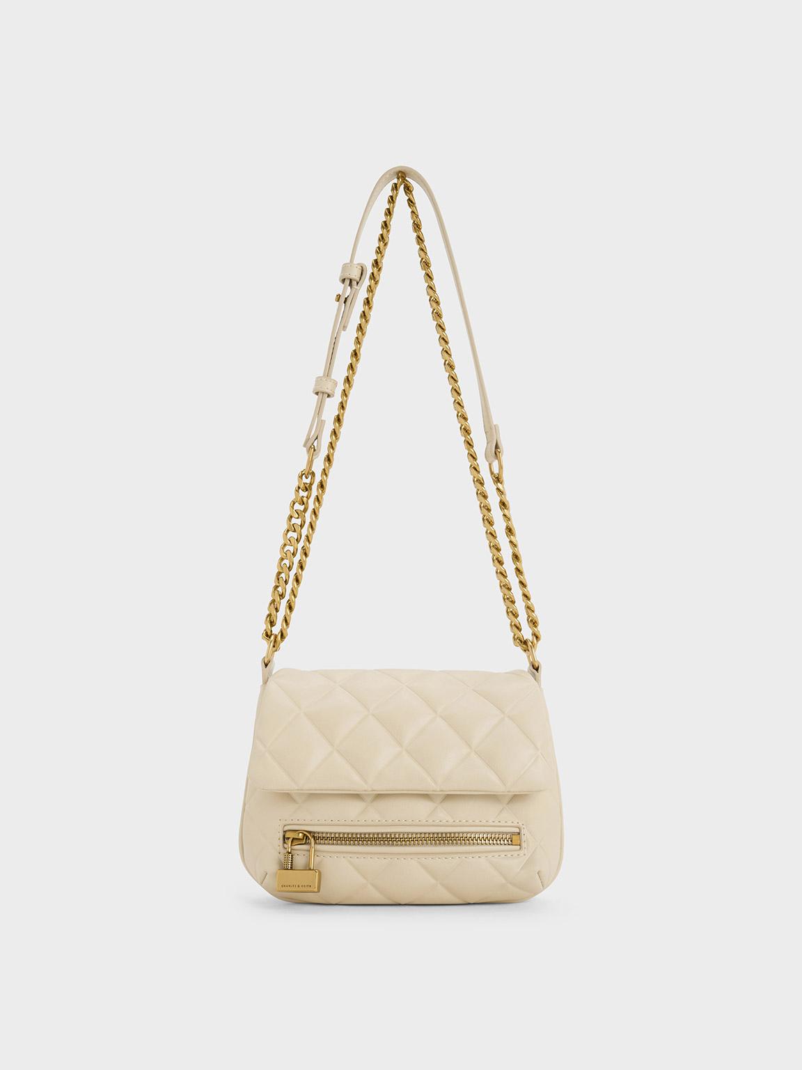 Charles & Keith Mini Swing Quilted Chain-handle Bag in Natural