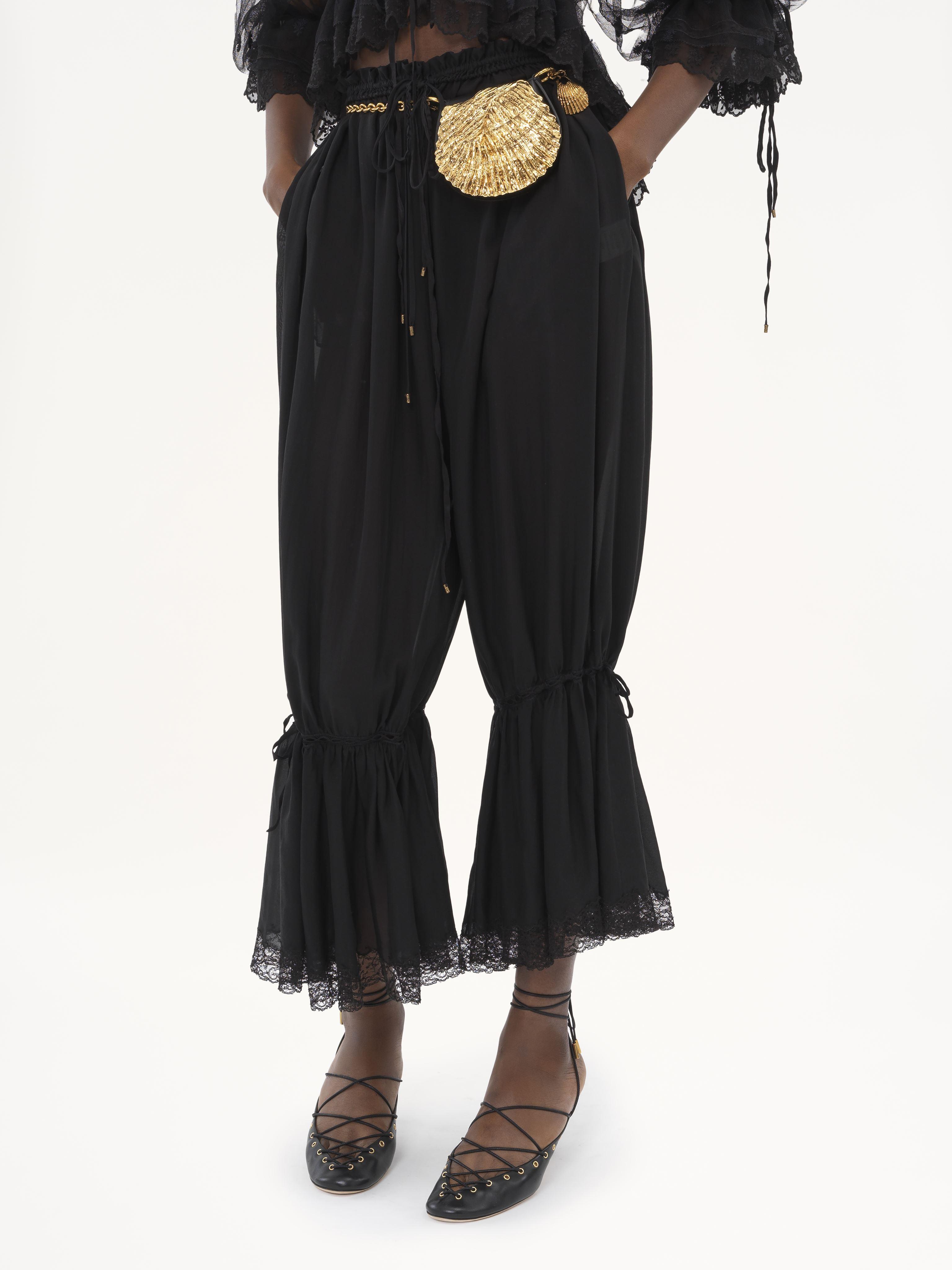 Chloé Fluid Cropped Pants In Silk Charmeuse & Lace in Black