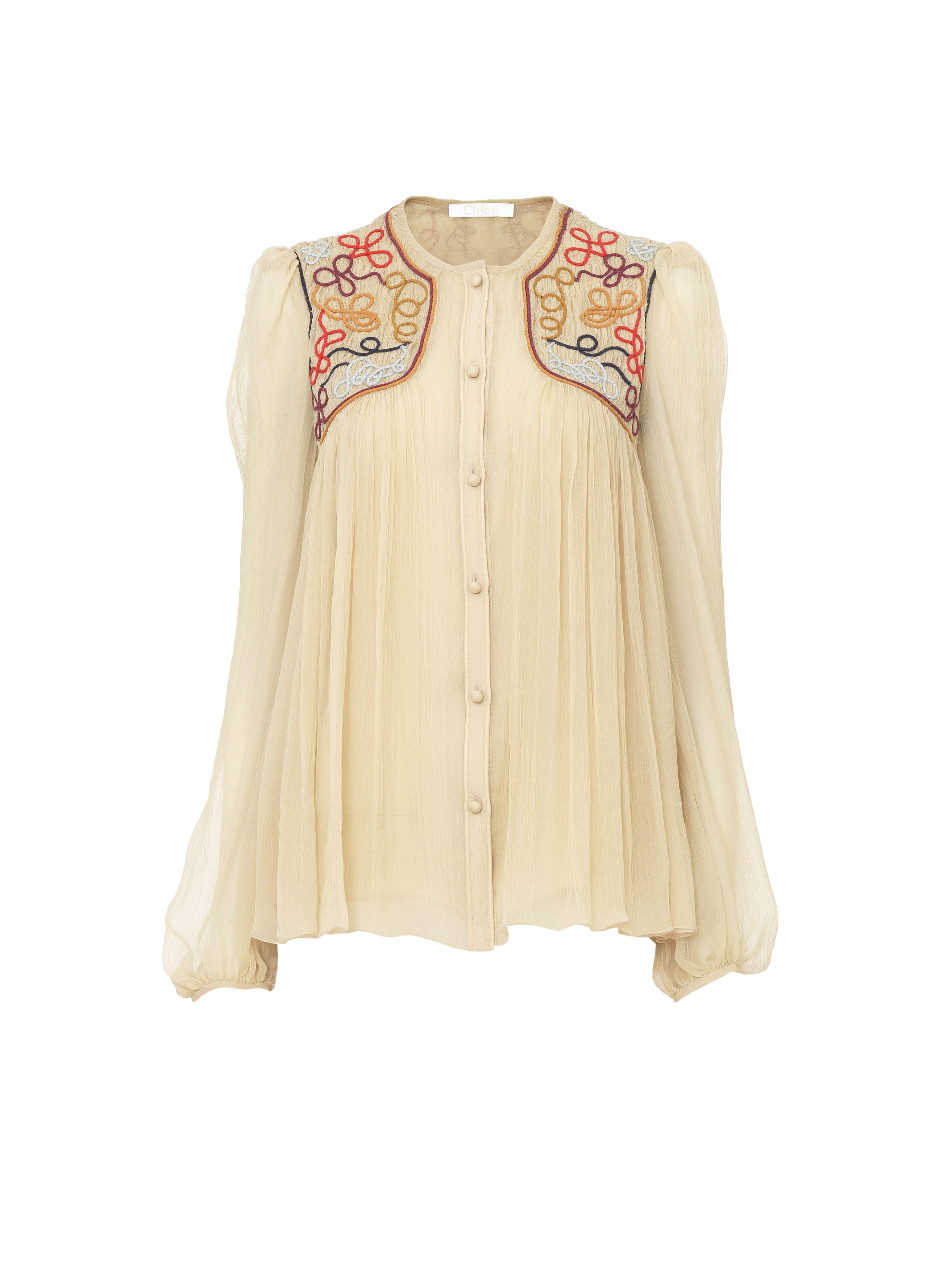 Chloé Silk Embroidered Shirt in Brown | Lyst