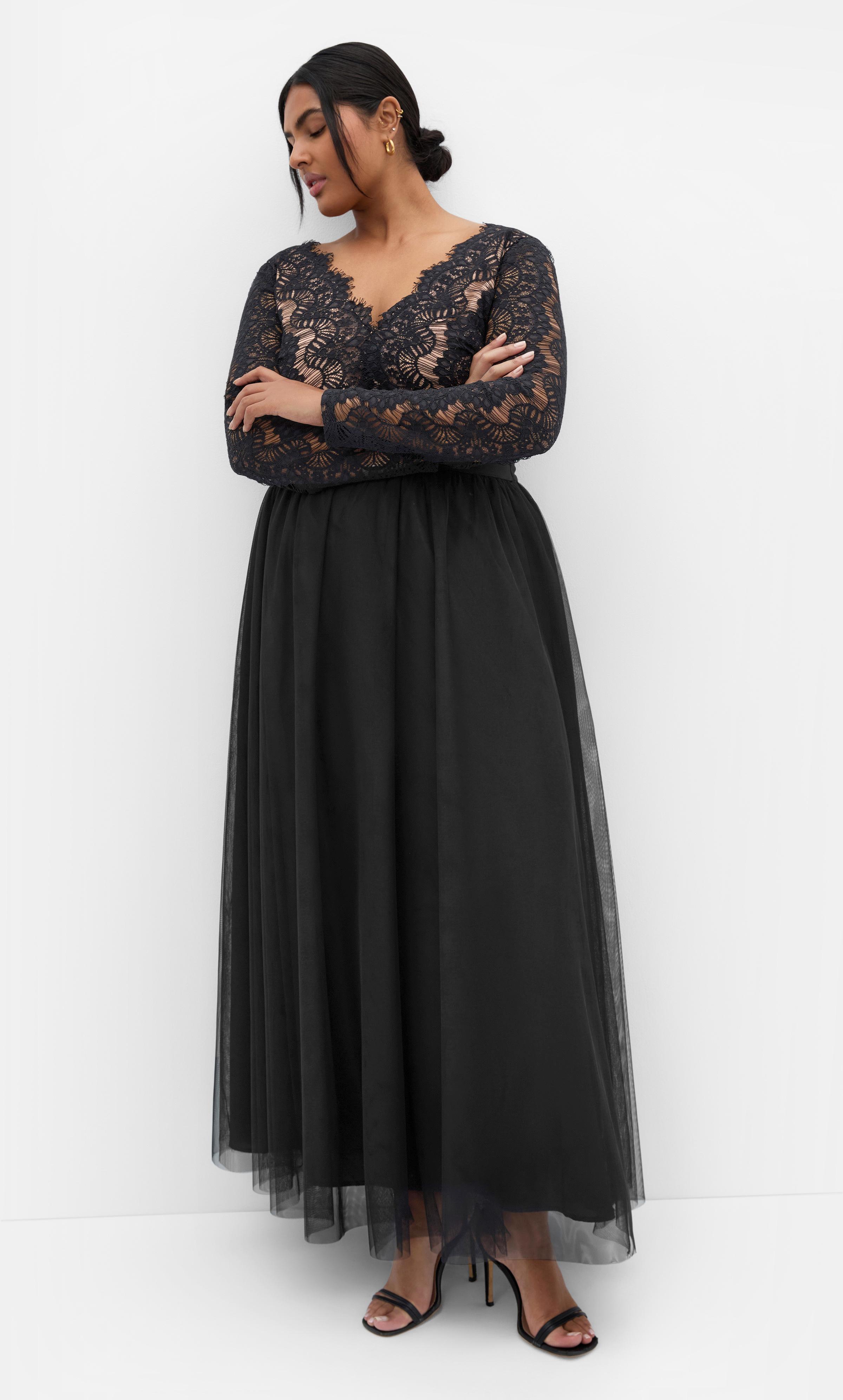 city chic lace bodice maxi dress Plus Size Panelled Bodice Maxi Dress in Black, Size 14