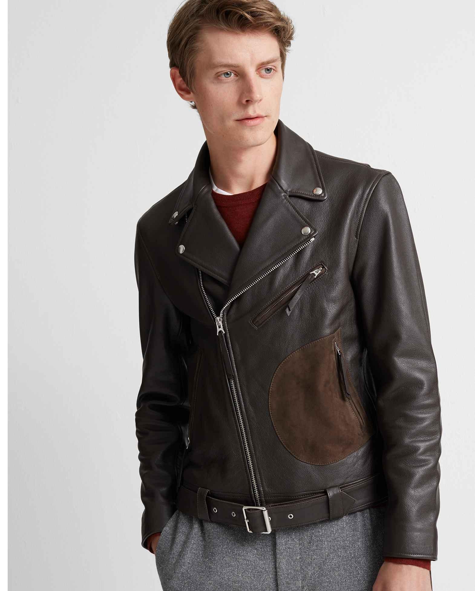 Club Monaco Brown Leather Biker Jacket for Men - Lyst
